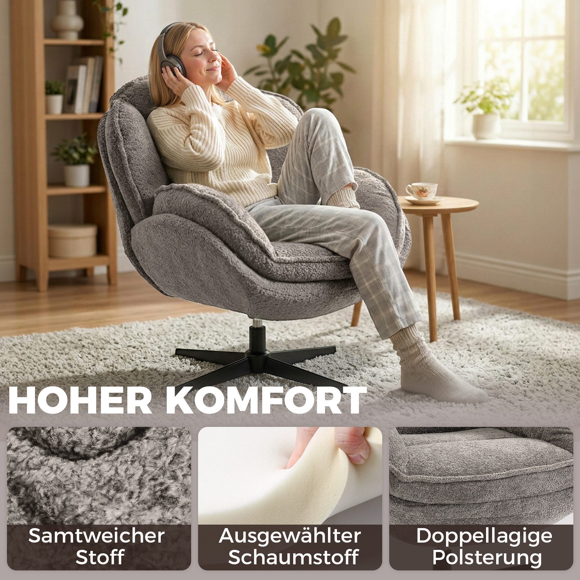 HOMCOM Relaxsessel Polstersessel bequem für Wohnzimmer, Schlafzimmer, Grau (Sessel, 1-St., Loungesessel), Wingback, 360° Drehung, Samt – Bild 5 von 5