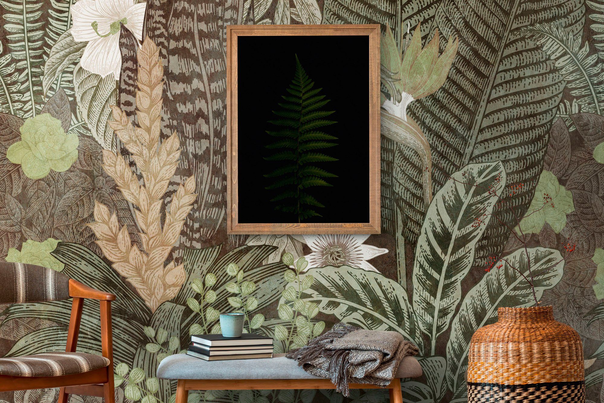 living walls Fototapete The Wall, glatt, floral, natürlich, botanisch, Fototapete Palmen Tapete Dschungel Tapeten Wohnzimmer Design Optik