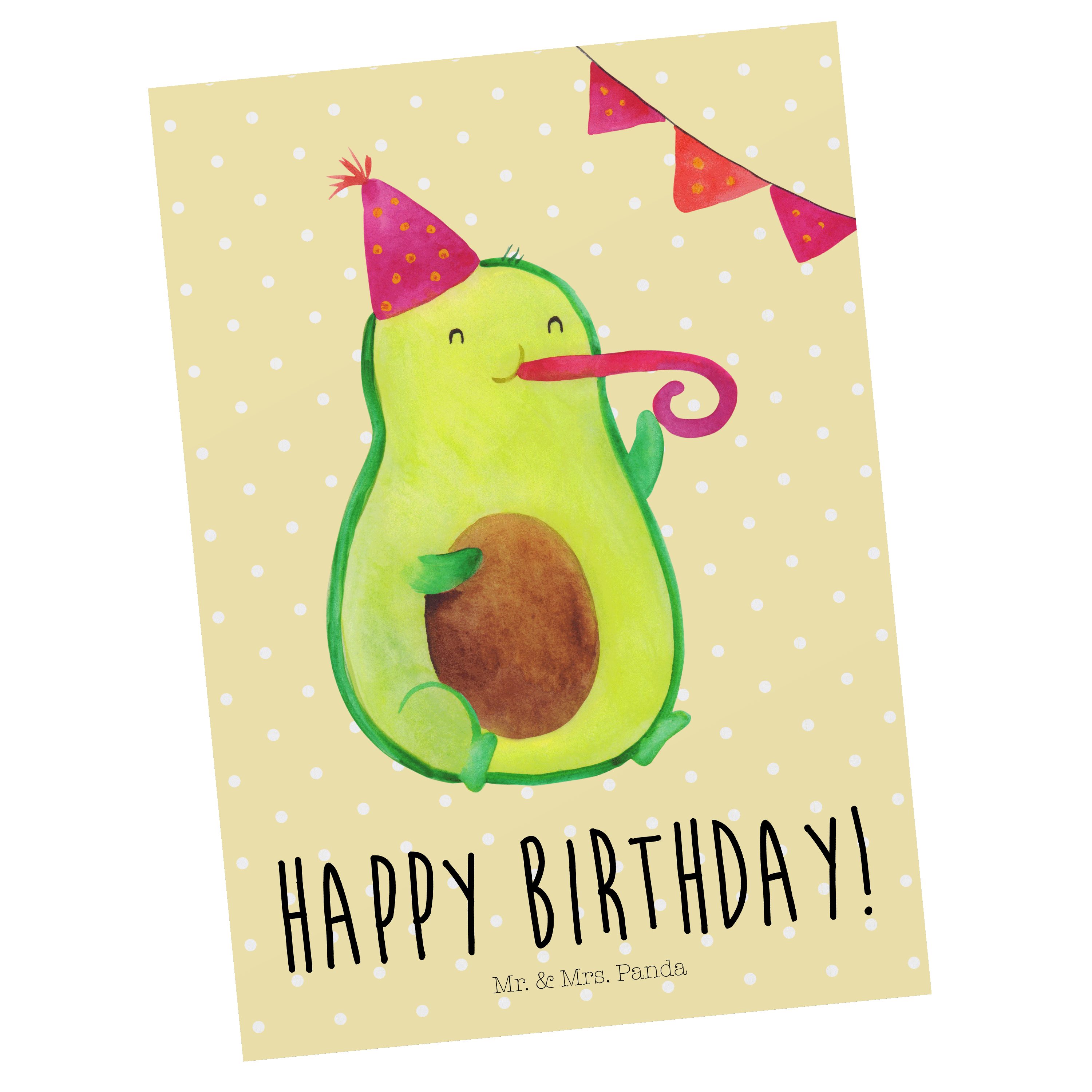 Mr. & Mrs. Panda Postkarte Avocado Birthday - Gelb Pastell - Geschenk, Party, Ansichtskarte, Dan
