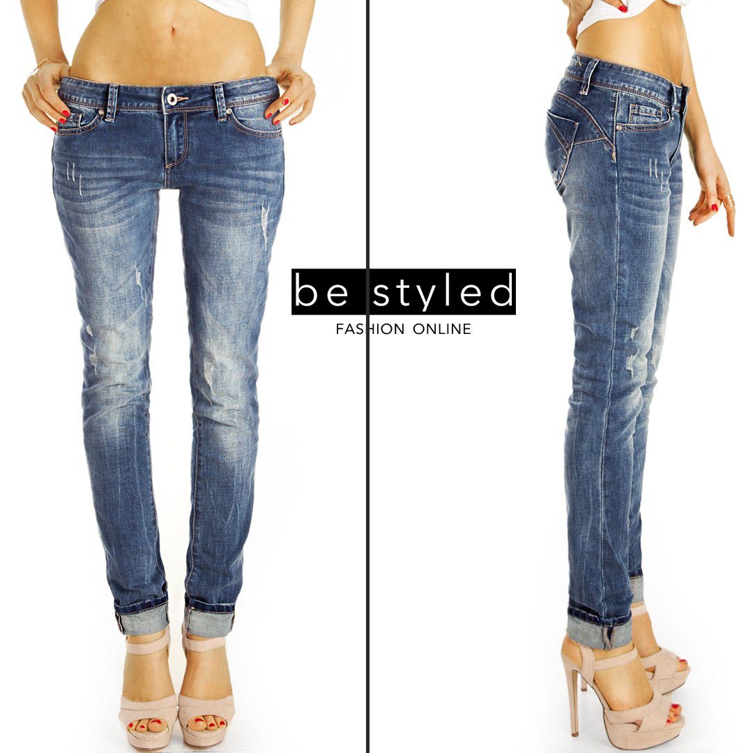 Hüftjeans Stretchanteil, j24k-2 used mit - Look, Jeans Destroyed Low styled Hose Destroyed-Jeans - Waist be 5-Pocket-Style Frauen