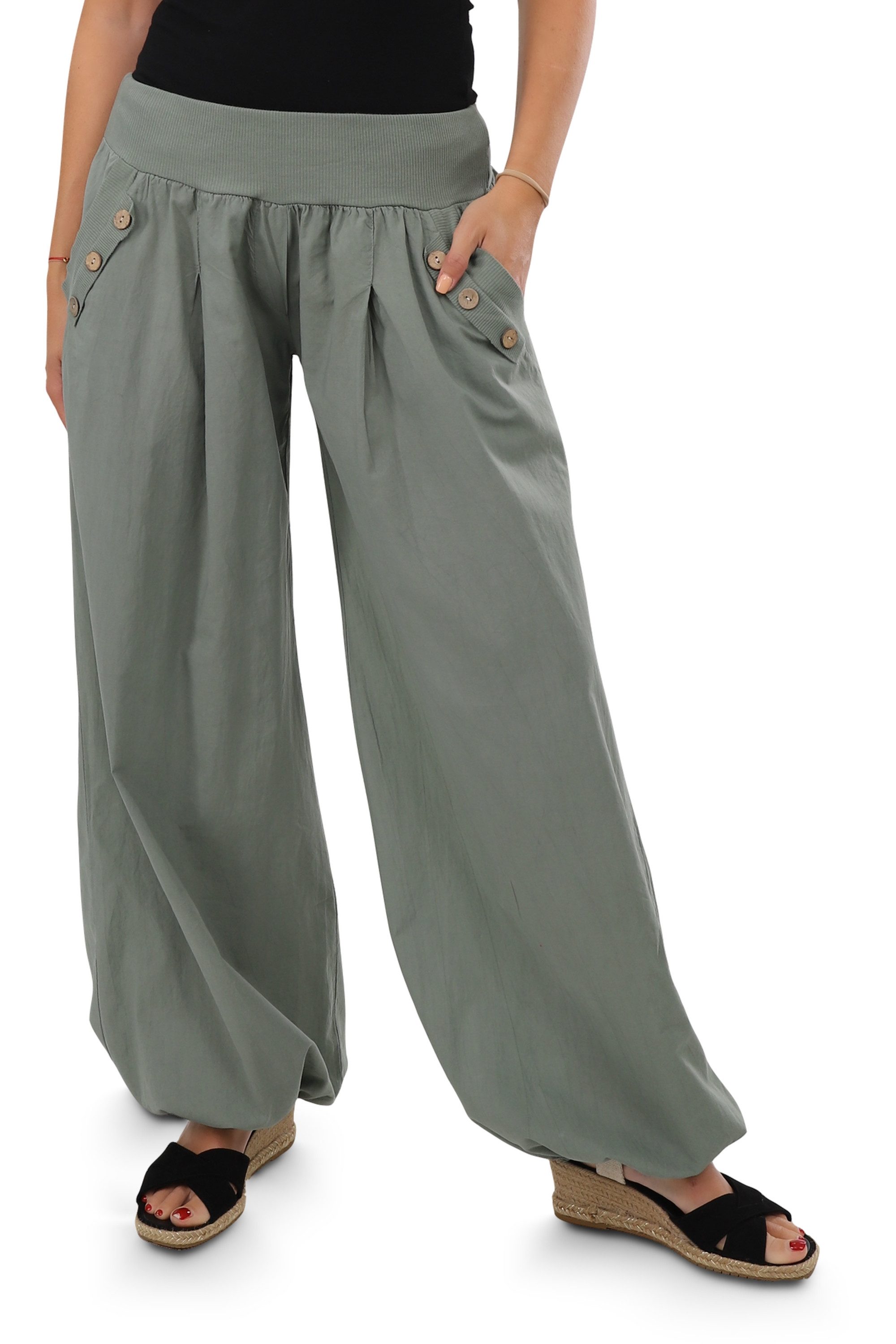 malito more than fashion Haremshose malito Damen Pumphose mit Holzzierknöpfen 23245H Pumphose Sommerhose locker und luftig Einheitsgröße
