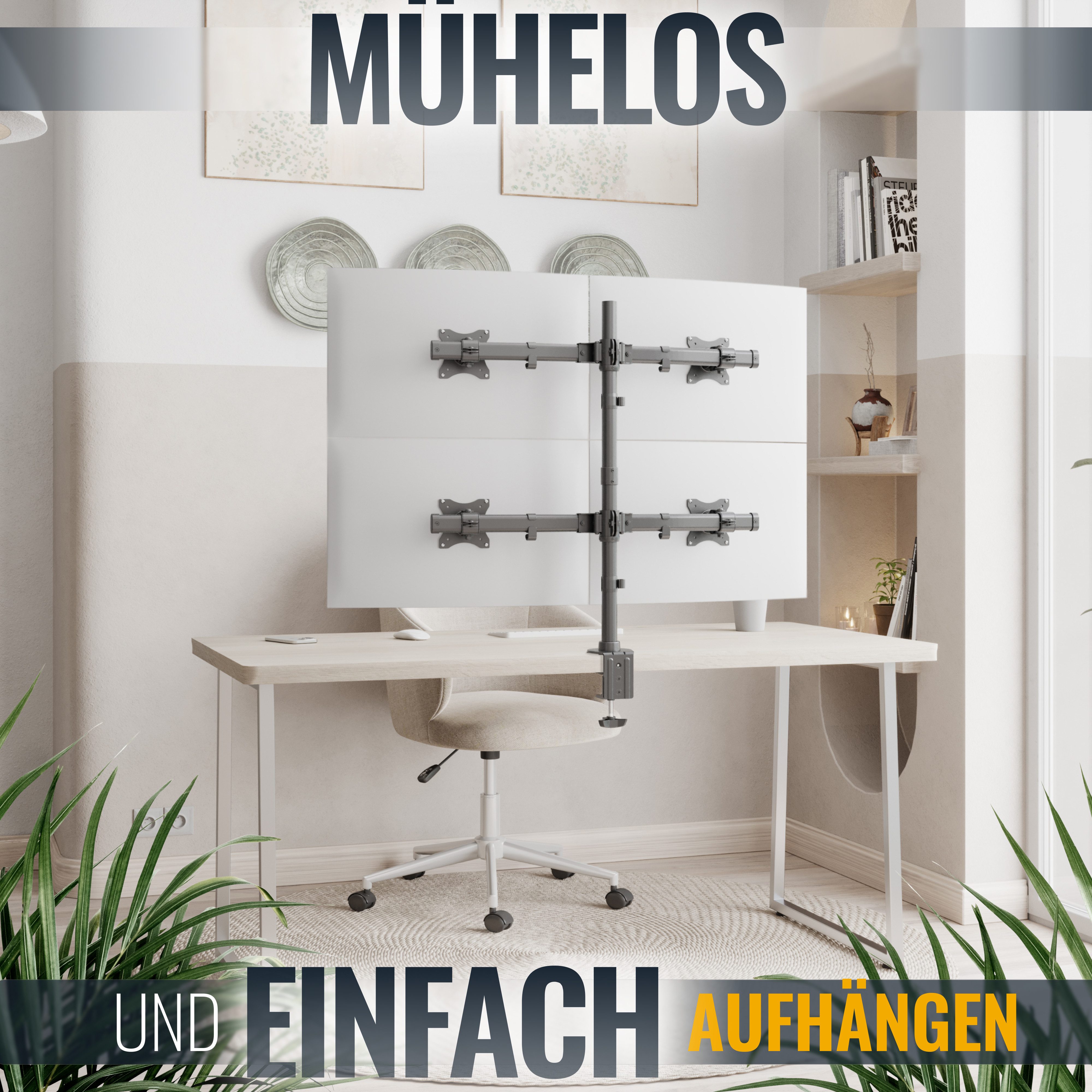 RICOO Monitor-Halterung Multi Monitor Bildschirm 4 Monitore Tischhalterung TS8411, (bis 26 Zoll, VESA 75x75 und 100x100, 1-tlg., 8 kg Belastbarkeit, von 33-66 cm (13"-26) Bildschirm-Diagonale, neigbar +45°/-45°, schwenkbar +/-15°, an der Stange höhenverstellbar)