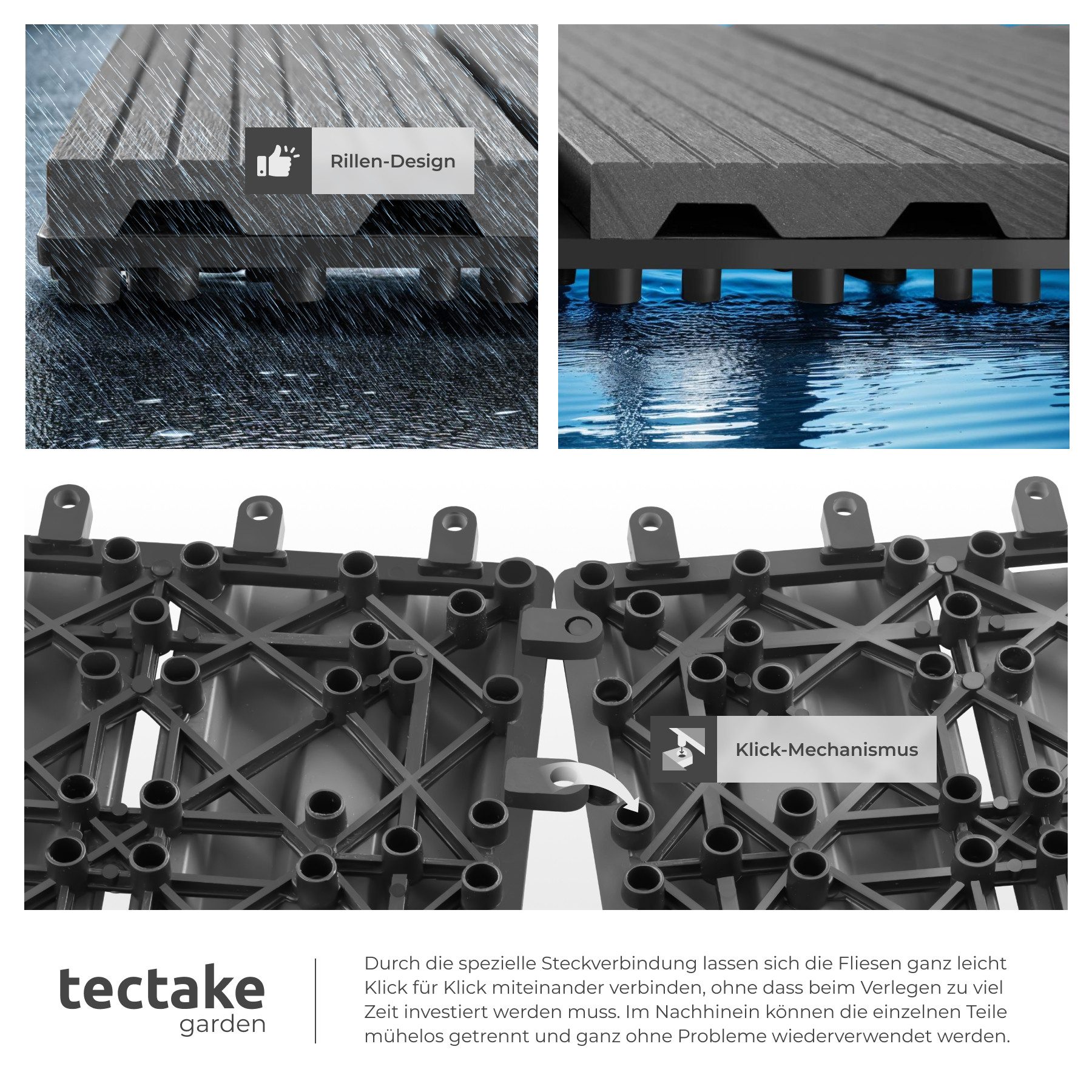 tectake Terrassendielen Terrassenfliesen 11er Set im Klicksystem, 31 x 31 x 2,2 cm, 1,0571 m², BxL: je 31,00x31,00 cm, (Terrassenplatten Außenbereich Tegulas, 1 – Bild 5 von 5