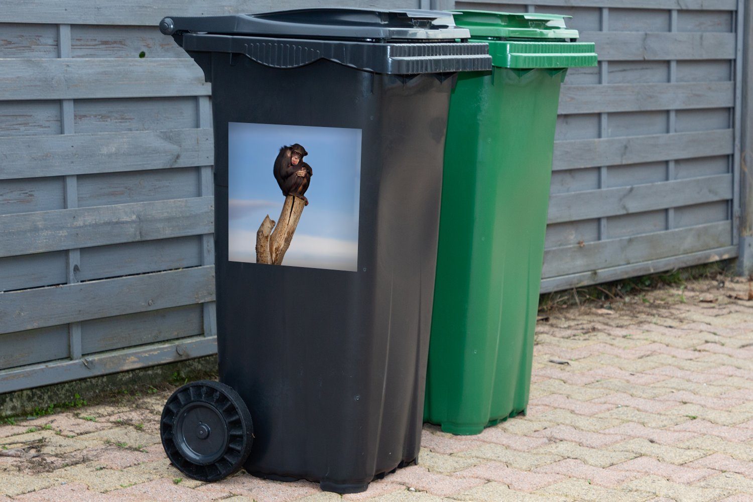 Sticker, - Affe Abfalbehälter Tiere Wandsticker - Schimpanse (1 St), - Pfahl Mülltonne, Himmel - MuchoWow Container, Mülleimer-aufkleber,