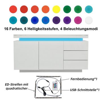 BlingBin Sideboard Modern Wohnzimmer Standschrank Kommode Anrichte Breite 140cm (2 Türen 3 Schubladen, mit LED Licht), mit Push-to-Open-Mechanismus
