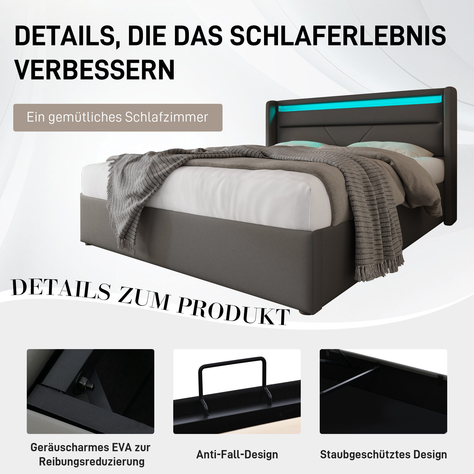Flieks Stauraumbett (1-tlg), LED Hydraulisches Stauraumbett Kunstleder 160x200cm – Bild 5 von 5
