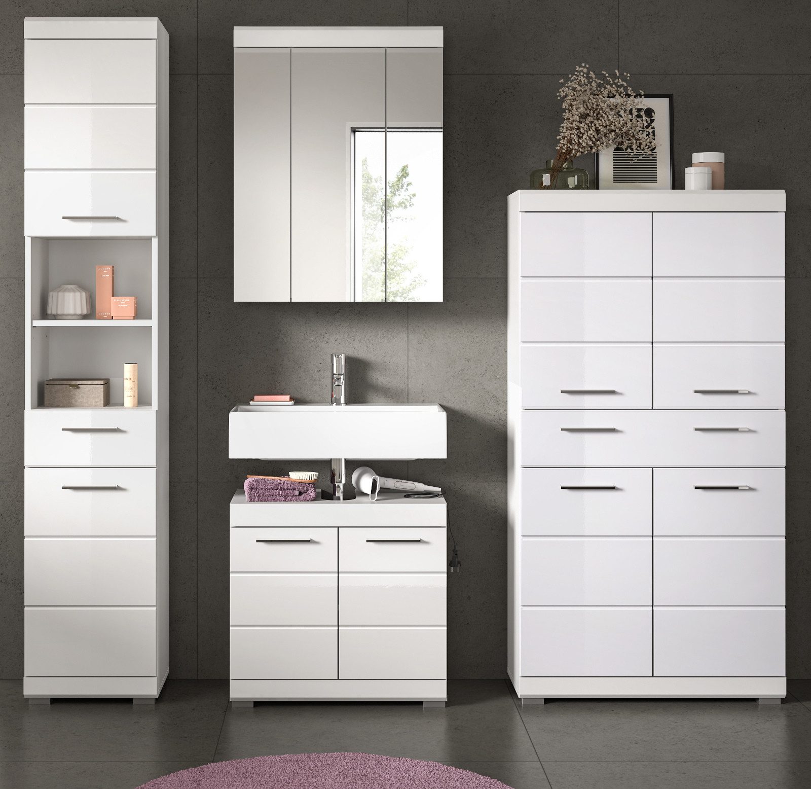 Inn.Furn Badmöbel-Set Shawn, (Badezimmer in weiß Hochglanz, 4-teilig, 200 x 191 cm), mit 4-türigem Midischrank