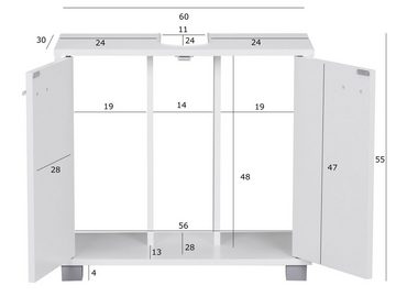 möbelando Waschbeckenunterschrank Design Waschbeckenunterschrank WL1.344 Baduntersch Design Waschbeckenunterschrank WL1.344 Badunterschrank mit 2 Türen Weiß, Kleiner Schrank Badezimmer 60 cm Breit, Badschrank Waschbecken Stehend, Bad Aufbewahrung, Waschtischunterschrank