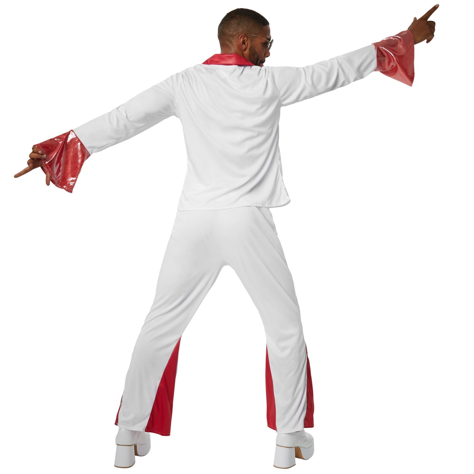 dressforfun Hippie-Kostüm Tänzer/Sänger, Gr. XXL, Langarmhemd mit Reißverschluss und Kragen, in der Farbe rot/weiß, Lange Hose mit weitem Schlag und Pailletten