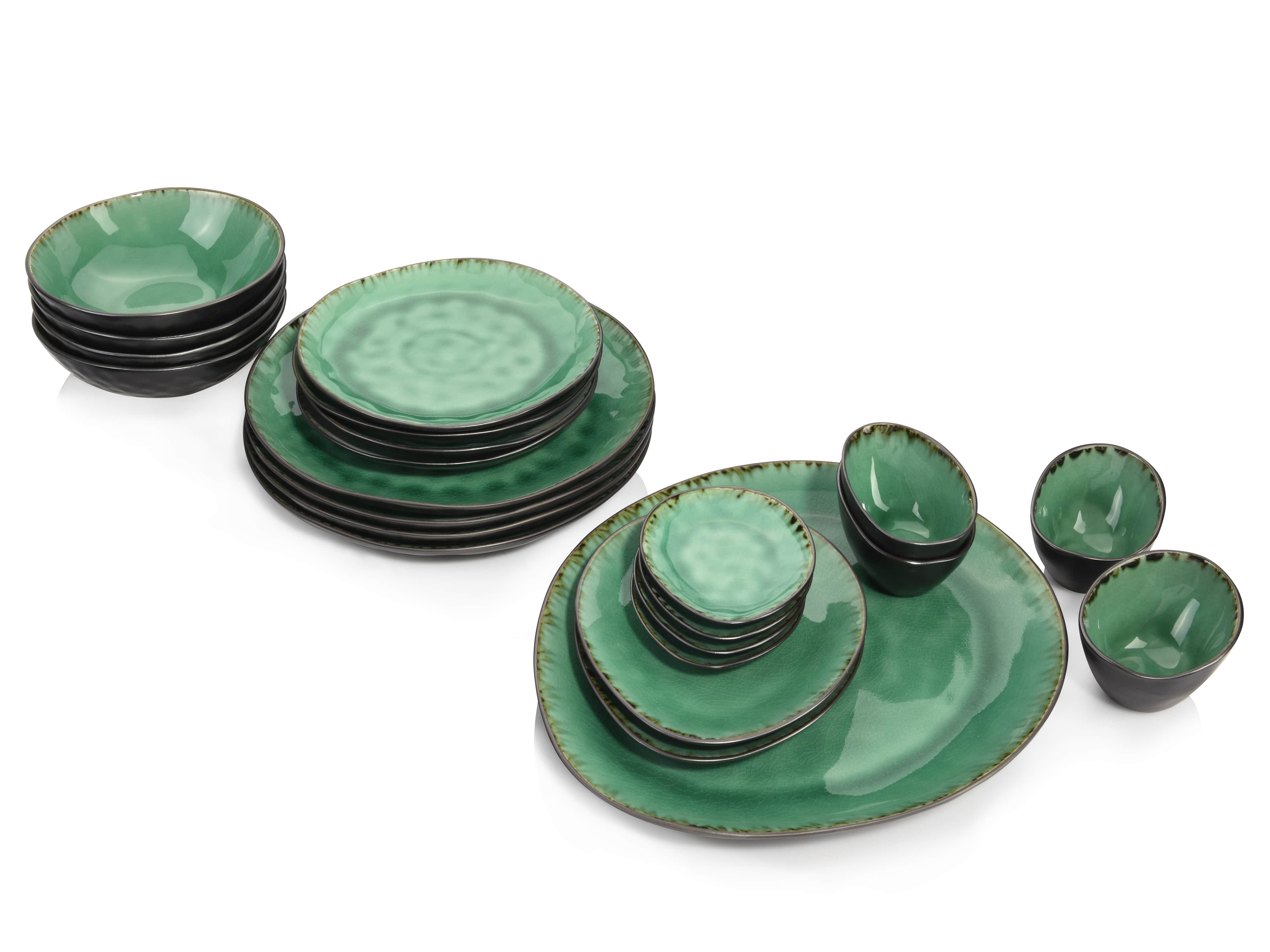 SÄNGER Tafelservice Palm Beach Geschirrset, Grün Schwarz (23-tlg), 4 Personen, Steingut, Handmade, Premium Collection