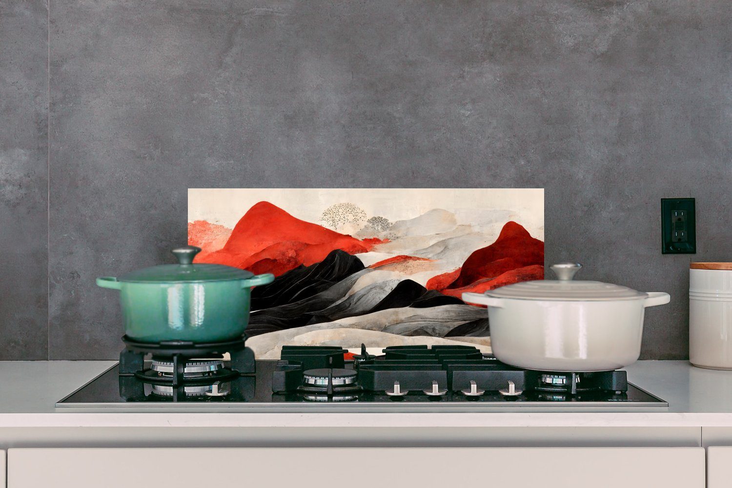 Küchenrückwand Schwarz, - und für gegen Wandschutz, MuchoWow (1-tlg), Schmutzflecken Weiß Fett Berge - 60x30 Küchen Kunst - Rot cm, -