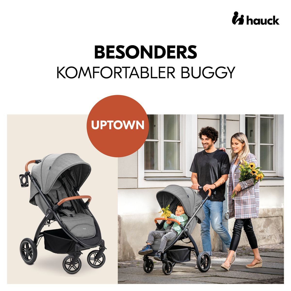 Hauck Kinder-Buggy UpTown Black - XXL - Melange Grey, Sportwagen mit Liegefunktion & Einhand-Faltung inkl. Zubehör bis 22 kg