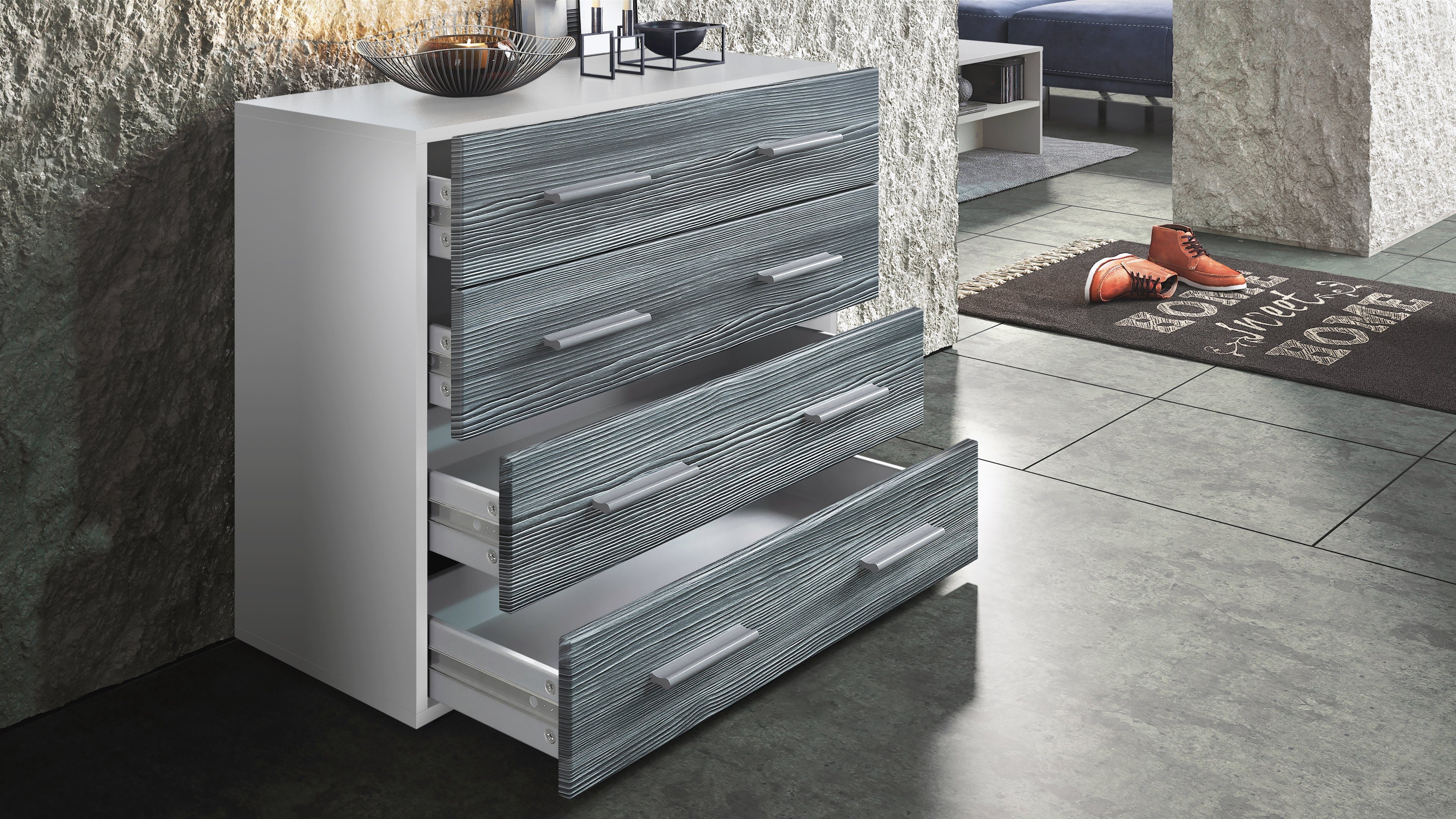 Vladon Kommode Pavos V1 (Kommode, ​mit 4 Schubladen), Weiß matt/Weiß Hochglanz (76 x 72 x 35 cm)