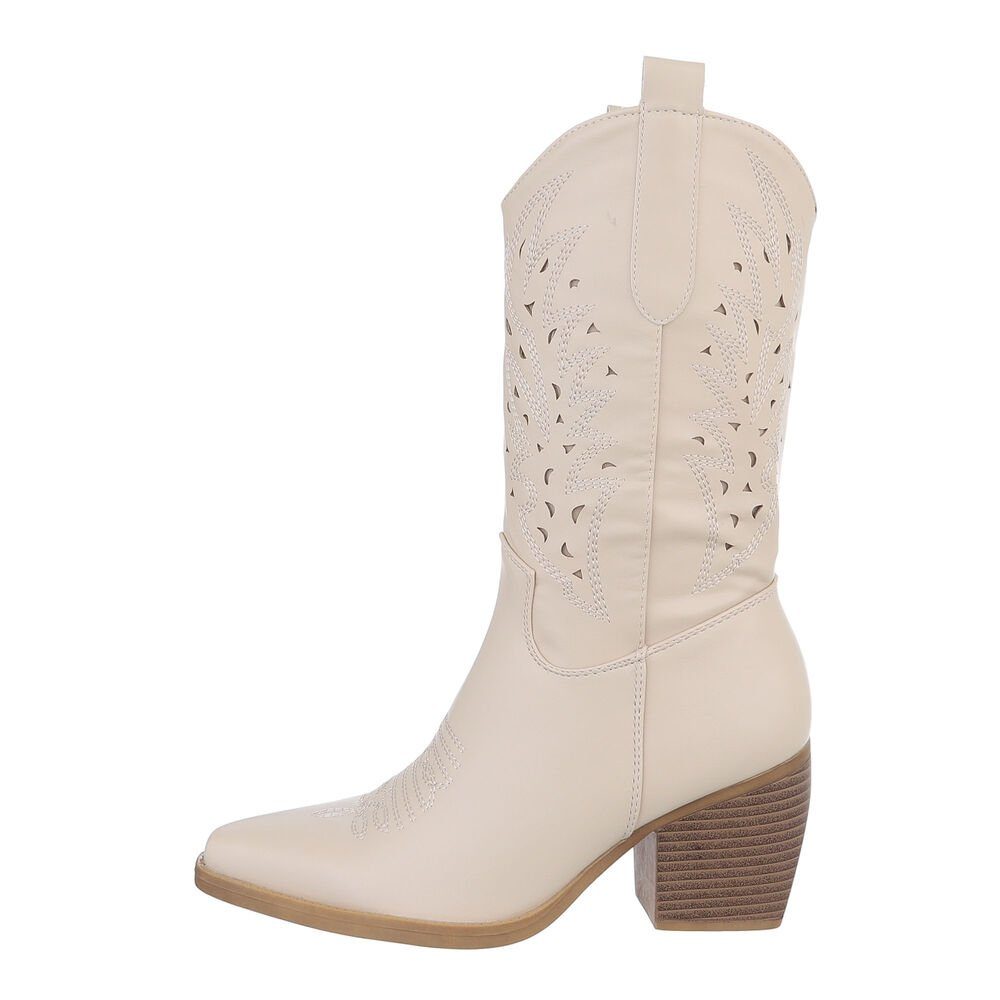 Ital-Design Damen Cowboyboots Western Westernstiefel Blockabsatz Western- & Beige in Bikerstiefel