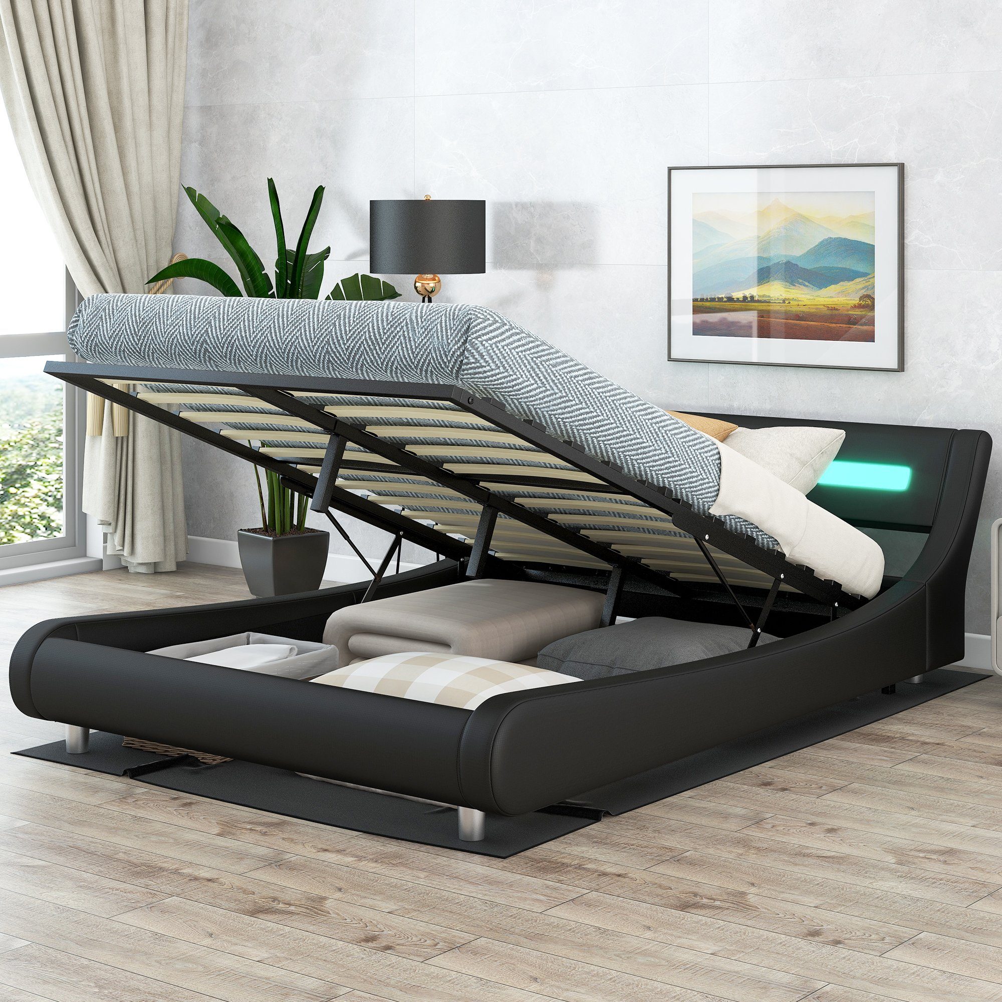 SOFTWEARY Polsterbett Doppelbett mit Lattenrost und Bettkasten (140x200  cm), gepolsterter Kopfteil mit LED-Beleuchtung, Bezug aus Kunstleder