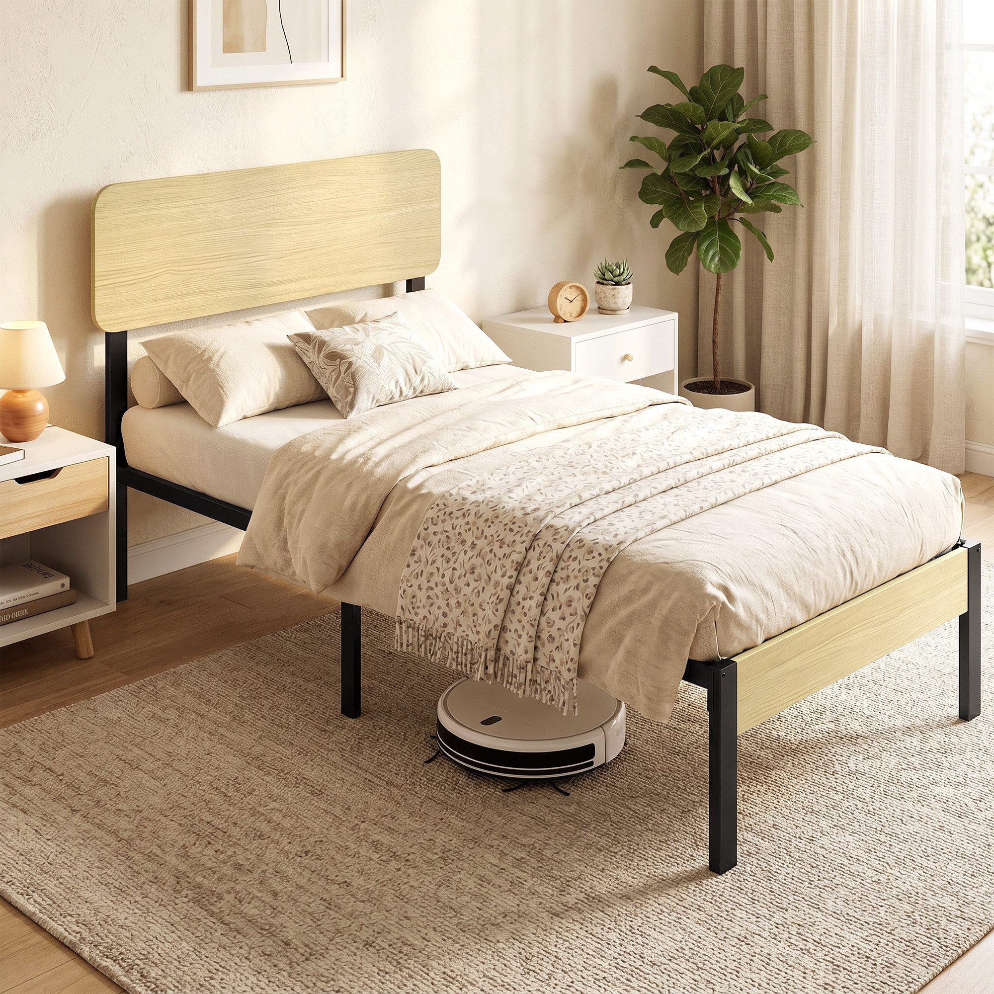OKWISH Bettgestell Einzelbett 90x200 cm mit Kopfteil und Stauraum, ohne Matratze (Packung, 1-tlg., Schlafbett für Schlafzimmer mit funktionaler Aufbewahrung), Plattformbett mit praktischem Platz unter der Liegefläche