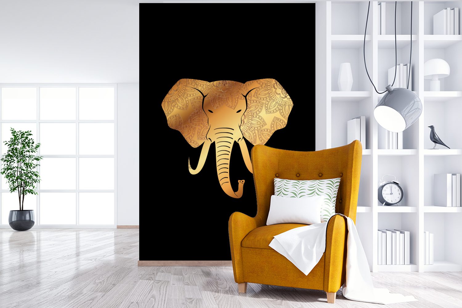 MuchoWow Elefant Vinyl St), Fototapete Wohnzimmer, Tapete Gold für (3 bedruckt, Muster, Montagefertig Matt, Wandtapete - -