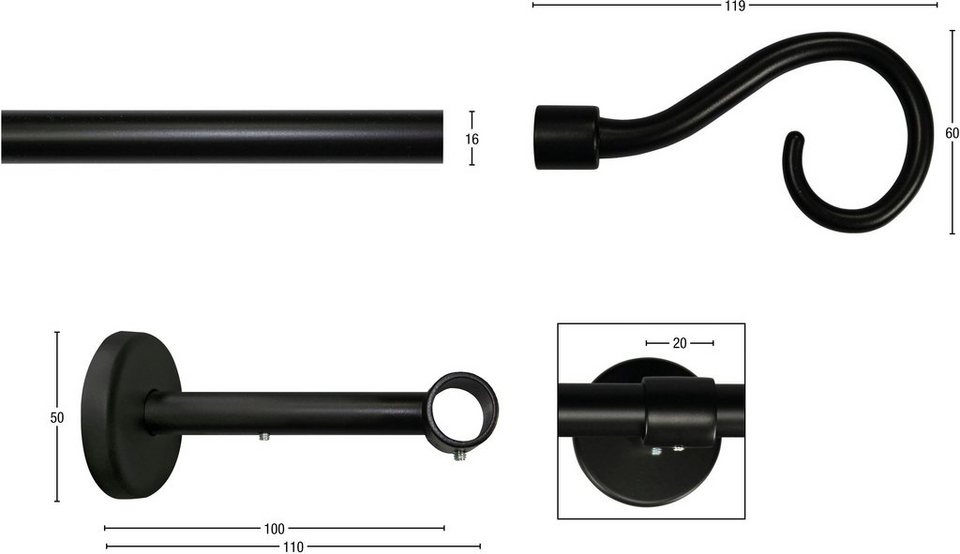 Gardinenstange KROKUR, GARESA, Ø 16 mm, 1-läufig, Wunschmaßlänge, mit Bohren,  verschraubt, Metall, Vorhanggarnitur, verlängerbar, Wandmontage, Spirale, ohne  Ringe