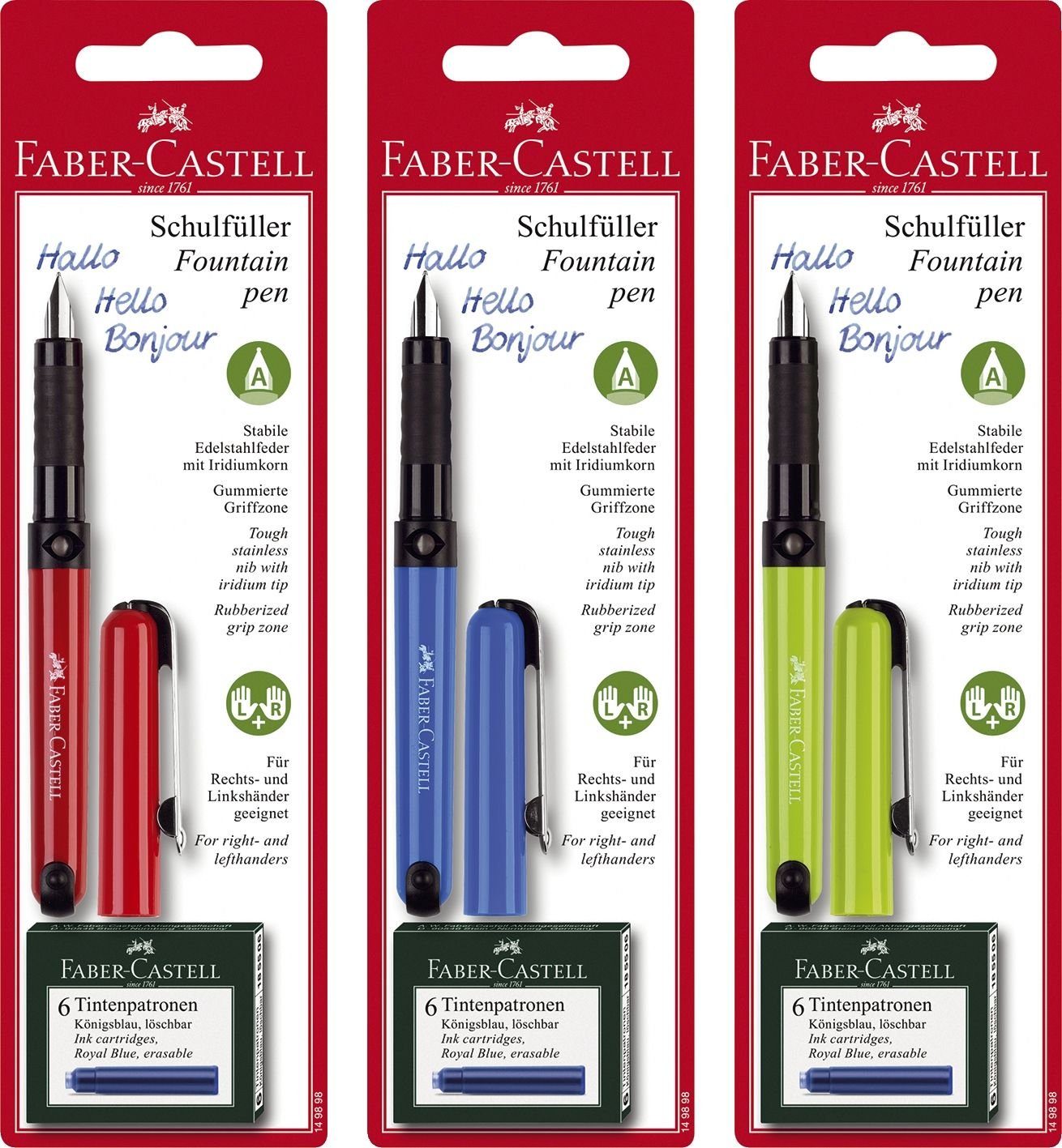 Faber-Castell Etiketten Schreiblernfüller für Rechtshänder, A-Feder, inkl. Patronen auf Bliste