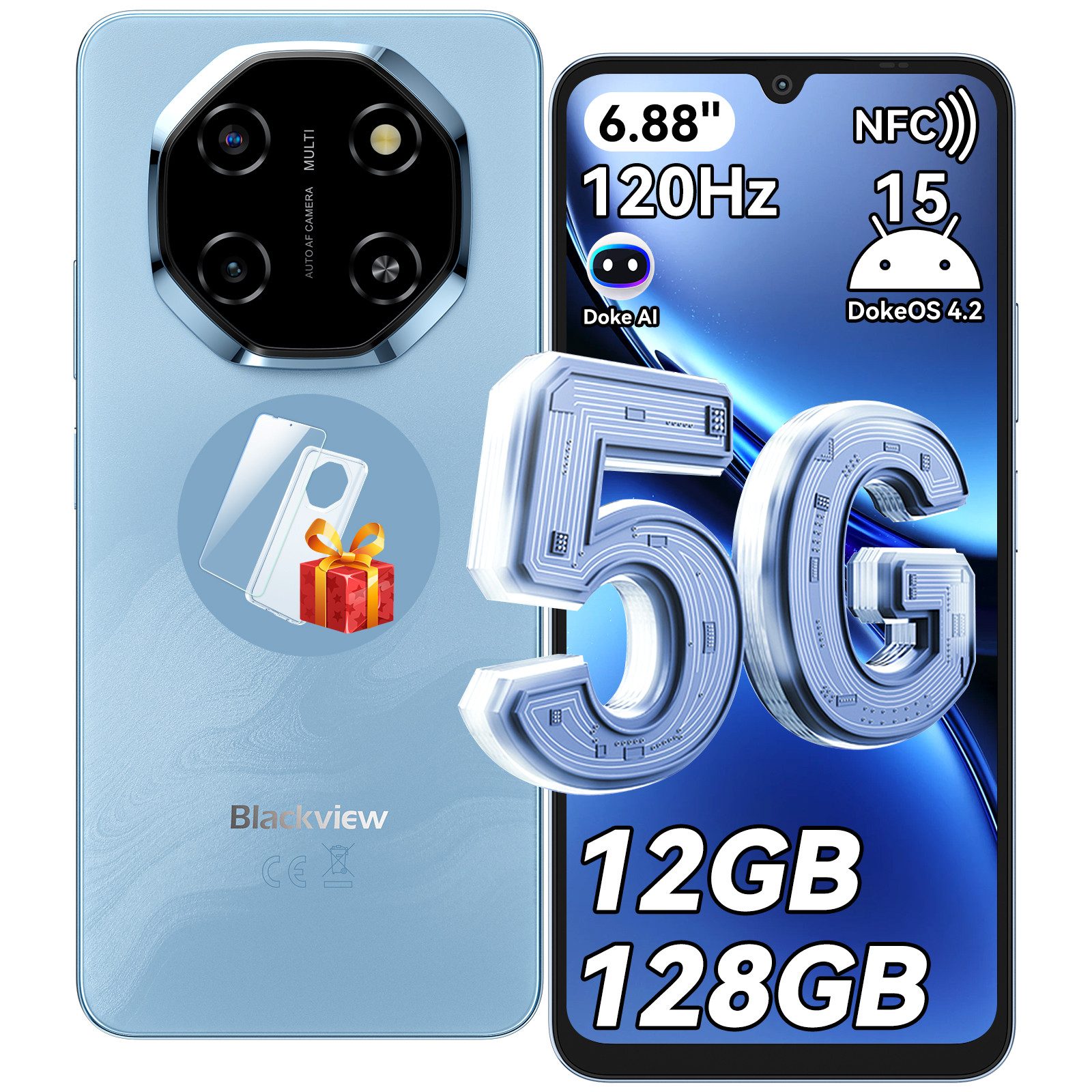 blackview Shark 6 5G, 6,88‘’, Android 15 Handy (128 GB Speicherplatz, 120Hz, Doke AI, 5000mAh,Unisoc T8100, Android 15)