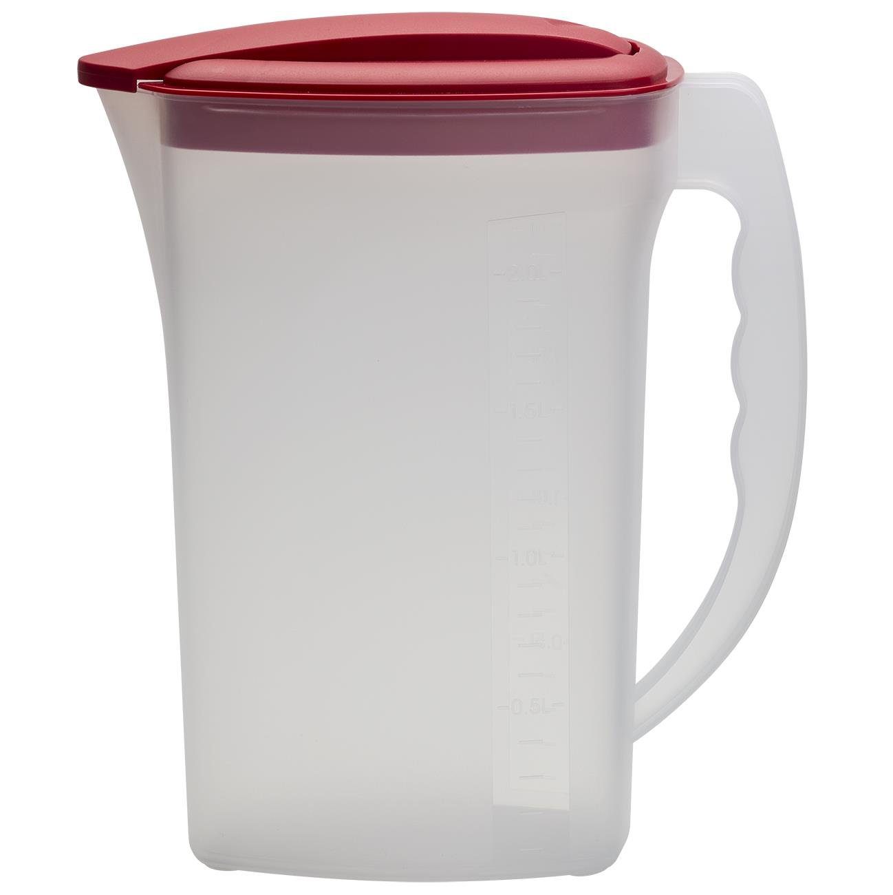 Engelland Wasserkrug Getränkekkrug mit Füllskala und abnehmbarem Deckel, (Vorteils-Set, 1-tlg., 2 Liter Fassungsvermögen je Krug), BPA-frei, frostbeständig, spülmaschinengeeignet, Kühlschrankkrug Transparent-Rot