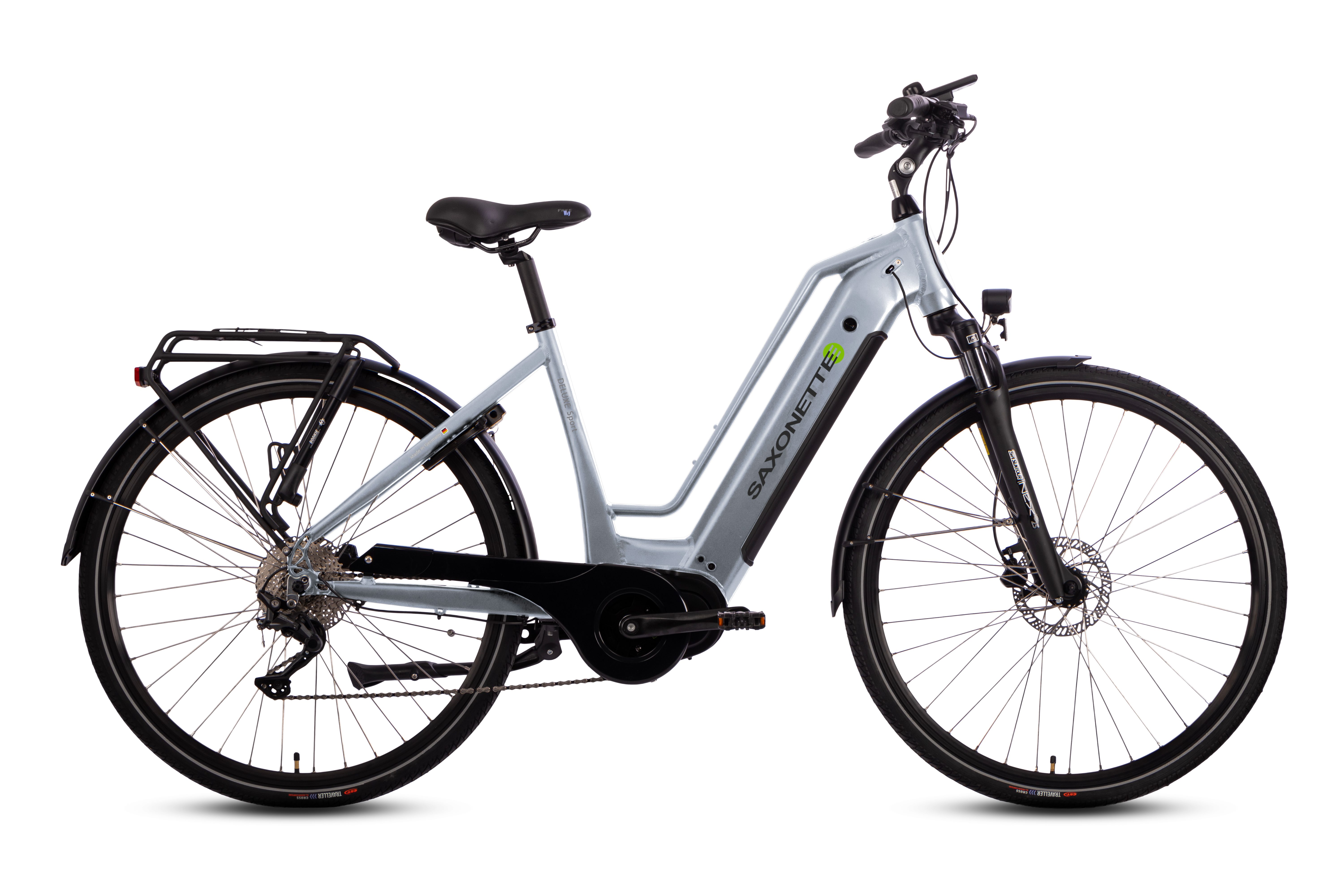 SAXONETTE E-Bike Cityrad Deluxe Sport TRAPEZ, 9 Gang Shimano Alivio Schaltwerk, Kettenschaltung, Mittelmotor, 418 Wh, (mit integr. Akku), Elektrofahrrad für Alltag und Einkauf