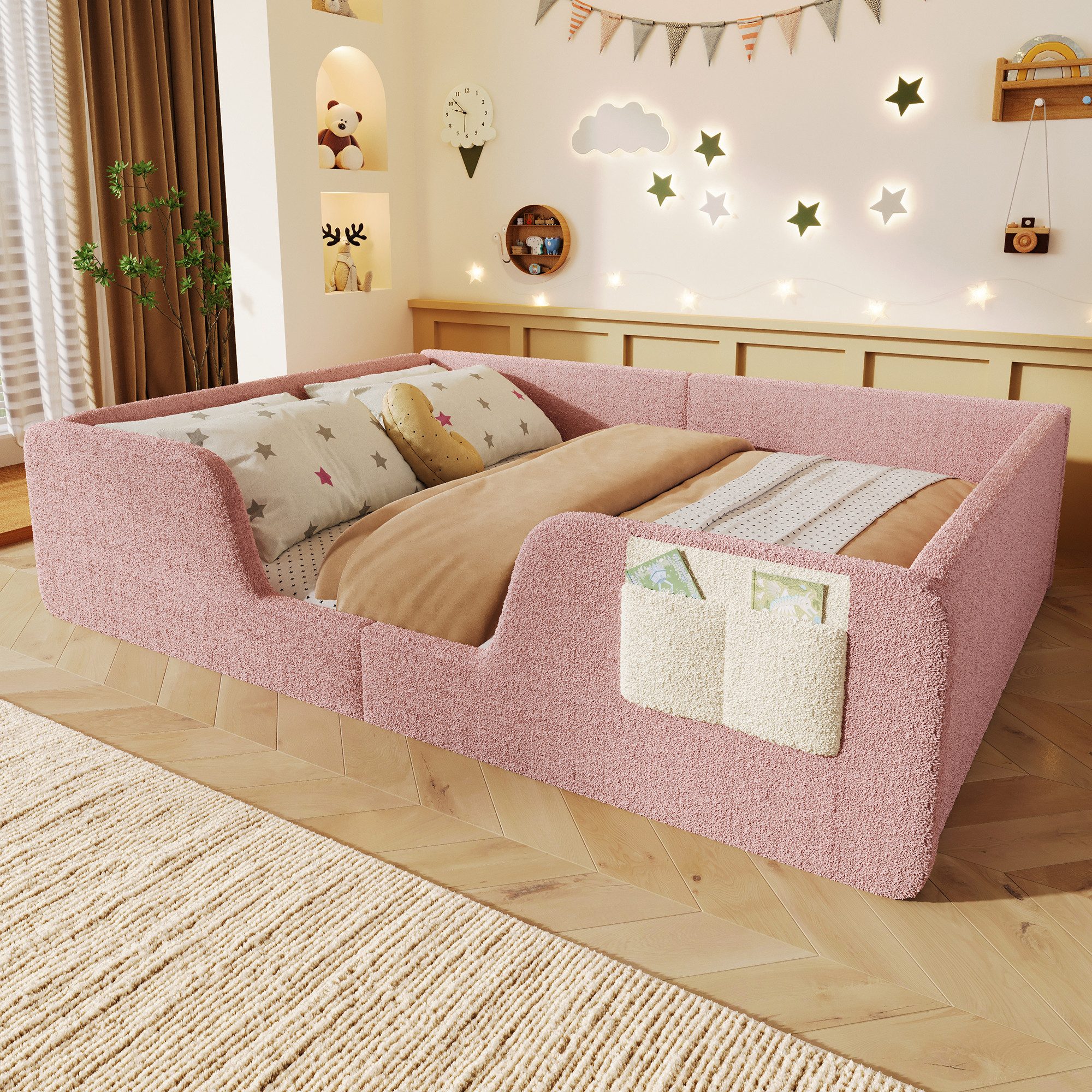 Merax Polsterbett 140x190cm mit abnehmbarer Sicherheitsleiste (Jugendbett Babybett Einzelbett, 1-tlg), Bodenbett Kinderbett mit Aufbewahrungstasche & Lattenrost, Samtbezug
