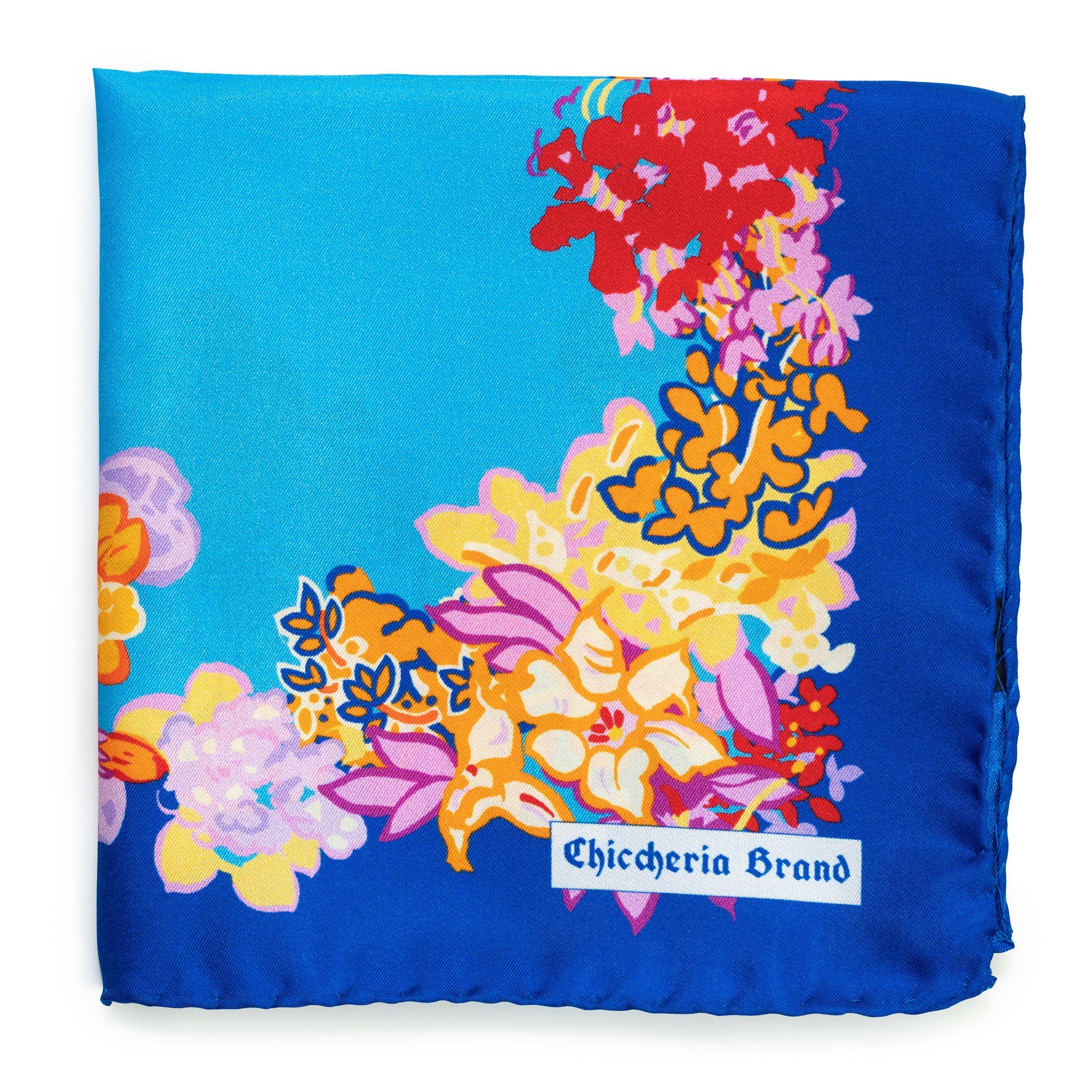 Blau Chiccheria 100% in Brand Einstecktuch Seide Italy, FLOWERS, Made