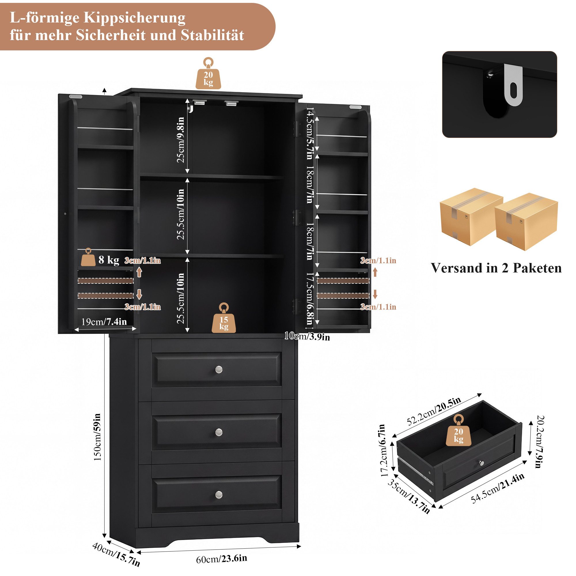 Homfa Mehrzweckschrank Küchenschrank Vorratsschrank Buffetschrank Speiseschrank mit 8 Türregalen, 2 Schubladen, 60x40x150cm
