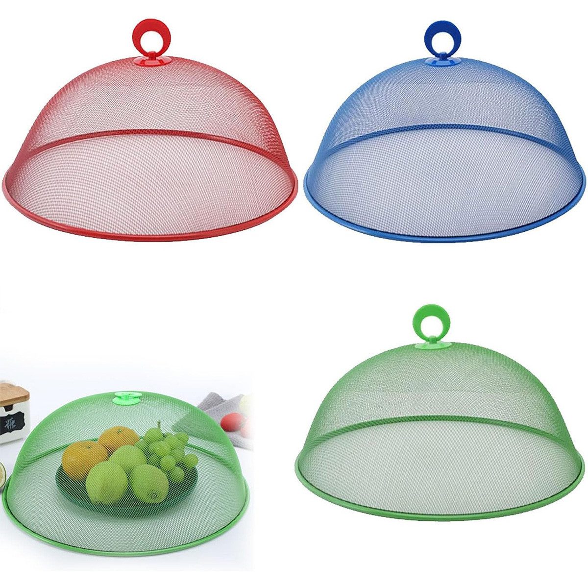 Welikera Fliegenhaube 3 Stück Lebensmittel-Abdeckhauben,Fliegenhaube Aus Metall Edelstahl (Set, 3 St), Ø24 cm,bunt (Grün, Blau, Rot),für Picknick,Camping & Garten