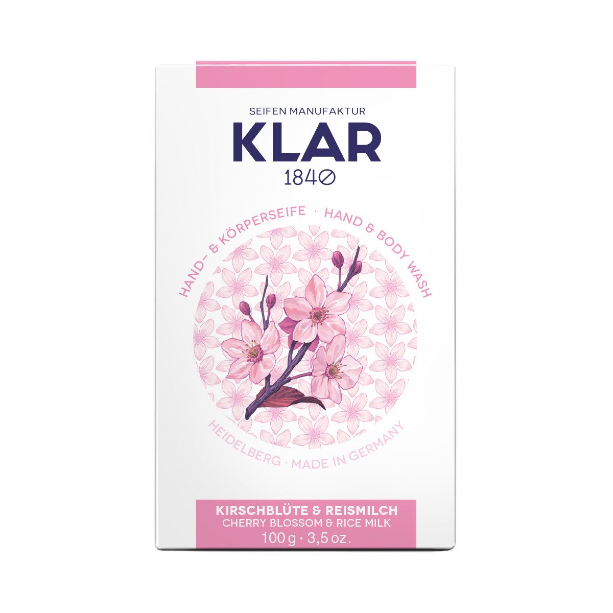 KLAR Seifenmanufaktor Handseife Klar Seifen Kirschblüte- & Reismilchseife 100g, Cosmos zertifiziert