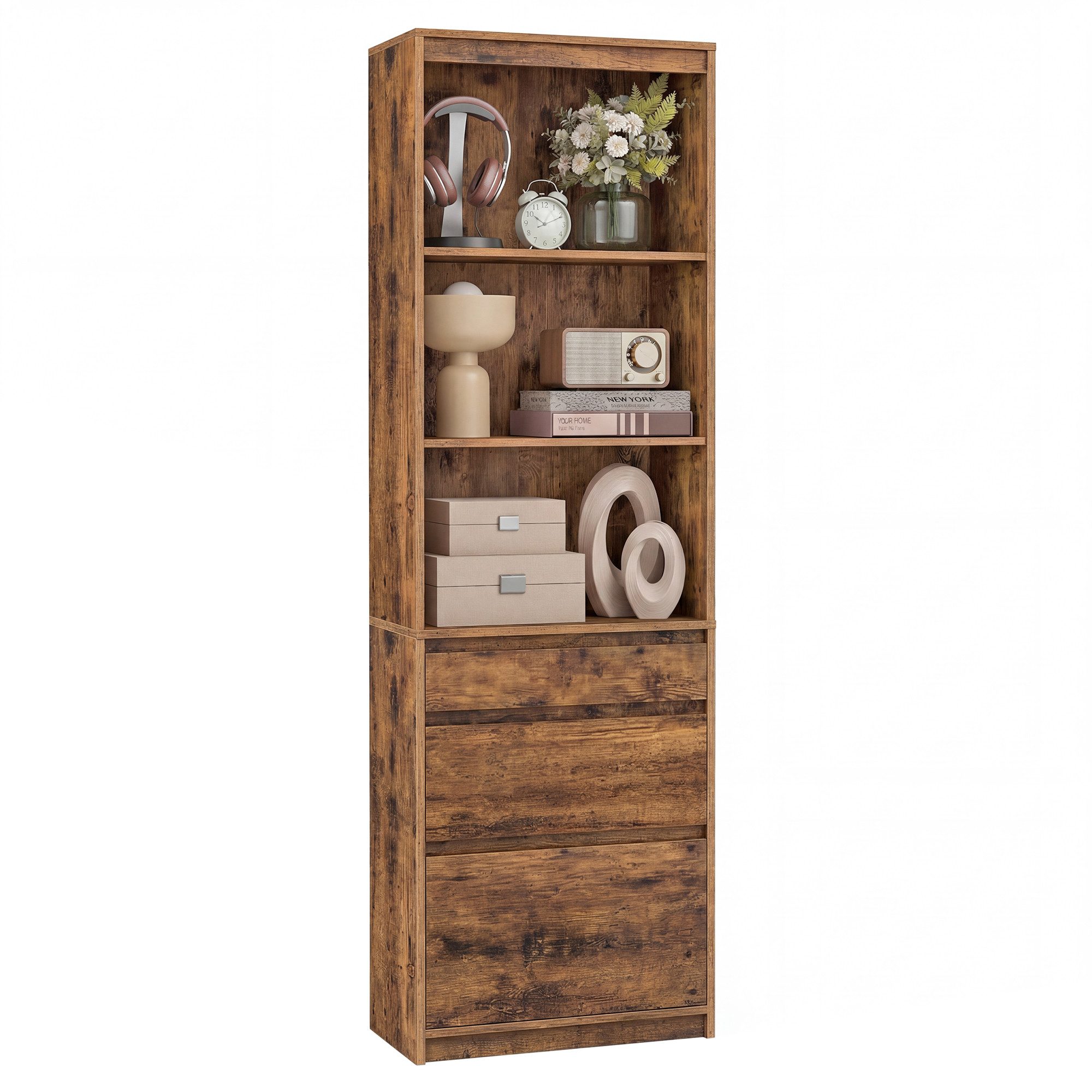VASAGLE Bücherregal Standregal, Hochschrank, 3 Schubladen, verstellbare Ablagen