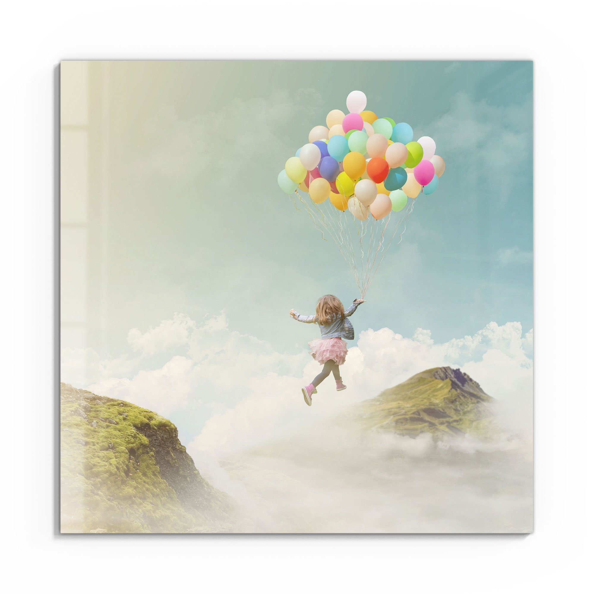 an Glas an Wandbild modern \'Mädchen Glasbild Bild \'Mädchen schwebend Luftballons\', DEQORI Luftballons\',