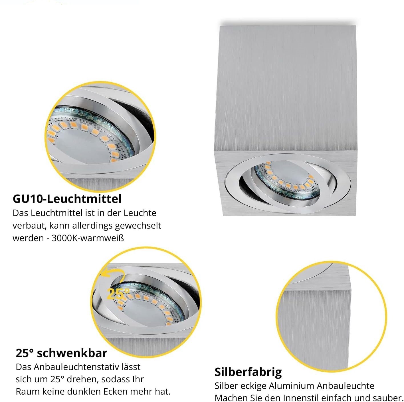 Sweet LED LED Deckenspots GU10 Aluminium Aufbauspot eckig 7W schwenkbar 230V, Leuchtmittel wechselbar, Warmweiß, Deckenaufbauleuchte, Aufbaustrahler, schwenkbar