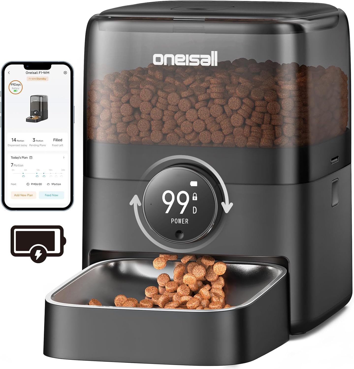 Katzen-Futterautomat Oneisall Kabelloser Futterautomat mit APP-Steuerung, 3L/5L