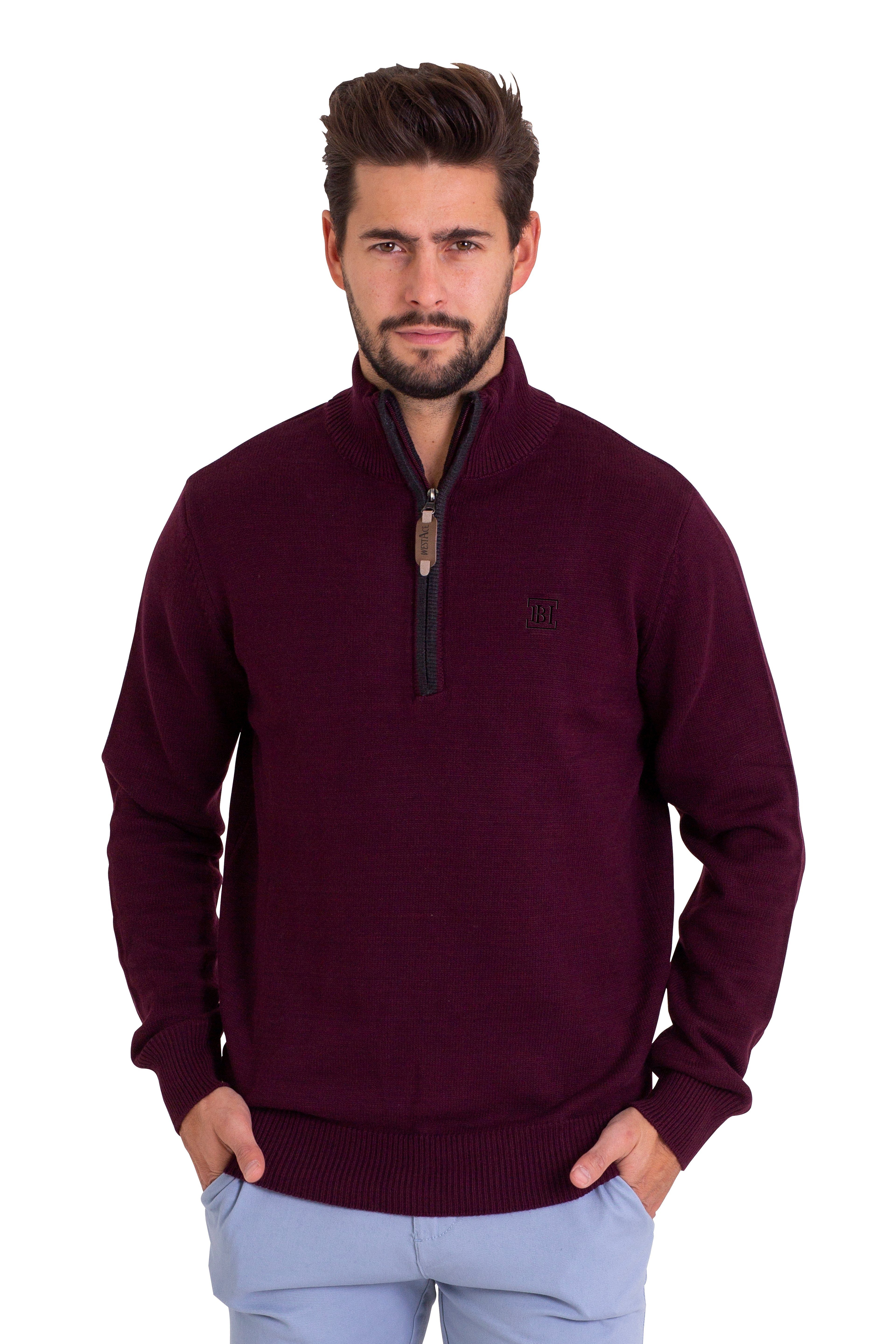 Sweater Sleeve Jumper Herren Troyer Burgundy Regular Strickpullover Fit Long Baumwoll Pullover BlauerHafen