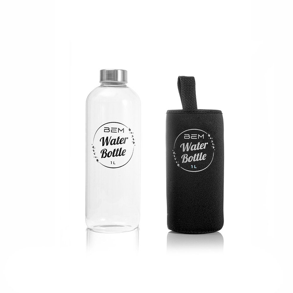 BEM Trinkflasche Water Bottle aus Glas mit Edelstahldeckel, BPA-frei Spülmaschinenfest Silikonhülle Borosilikatglas Wasser Flasche