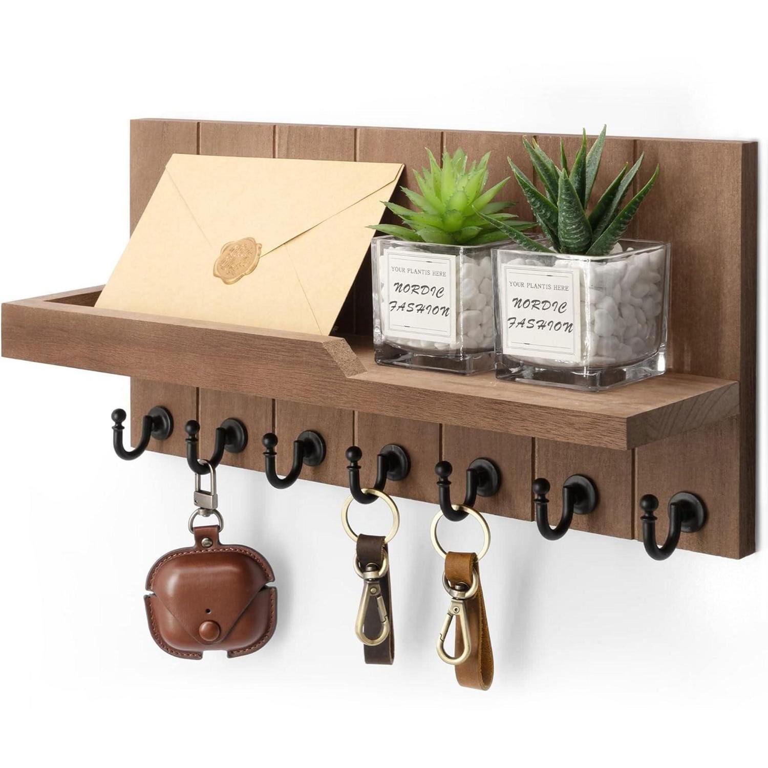 LuxusKollektion Hängeregal Schlüsselhalter Wand mit Regal & 7 Haken Landhaus Retro-Braun, 1-tlg.