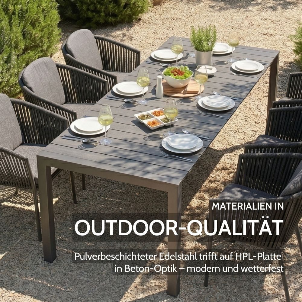 Liadomo Gartentisch Marano, Ausziehtisch mit Kopfauszug, Edelstahl anthrazit (Outdoor-Tisch 160/210/260×90 cm), HPL-Tischplatte, kratzfest & pflegeleicht