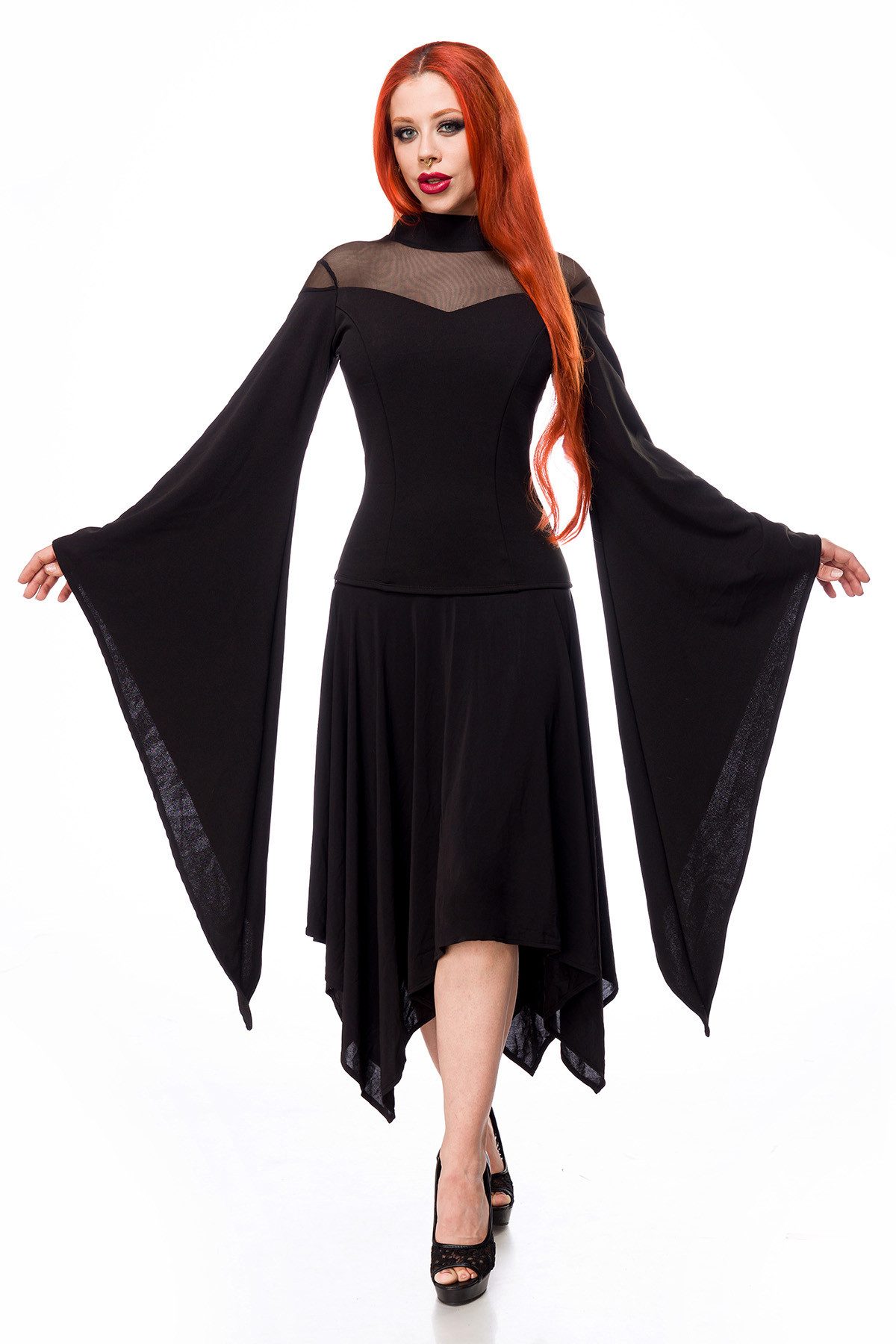 Ocultica Minikleid Schwarzes Gothic Kleid mit Netzeinsatz, weiten Trompetenärmeln und Rei gothic