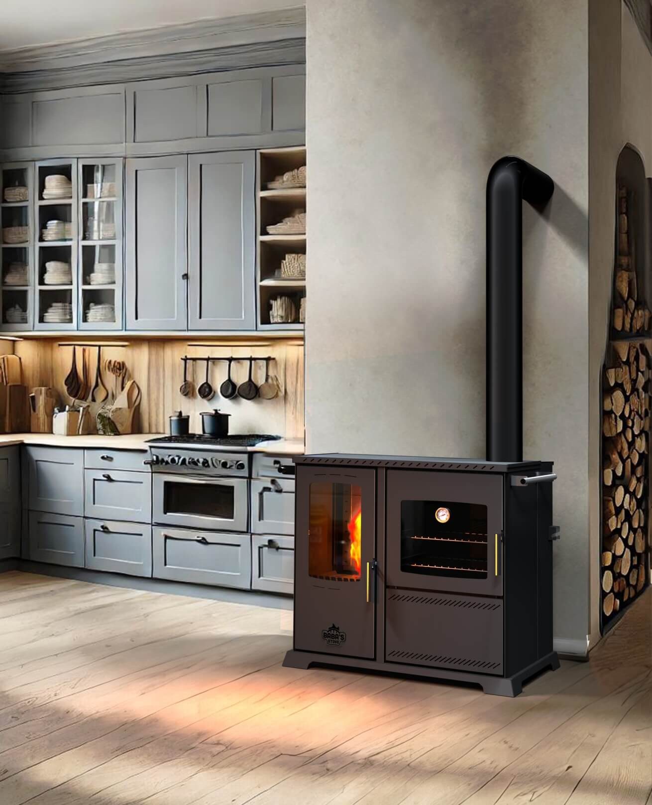 Baba's Hybrid Pellet and Wood Combination Stove with Oven and Cooktop, 10 kW, Continuous Burning Stove, Pellet Stove without Electricity, Wood Stove, Fireplace
