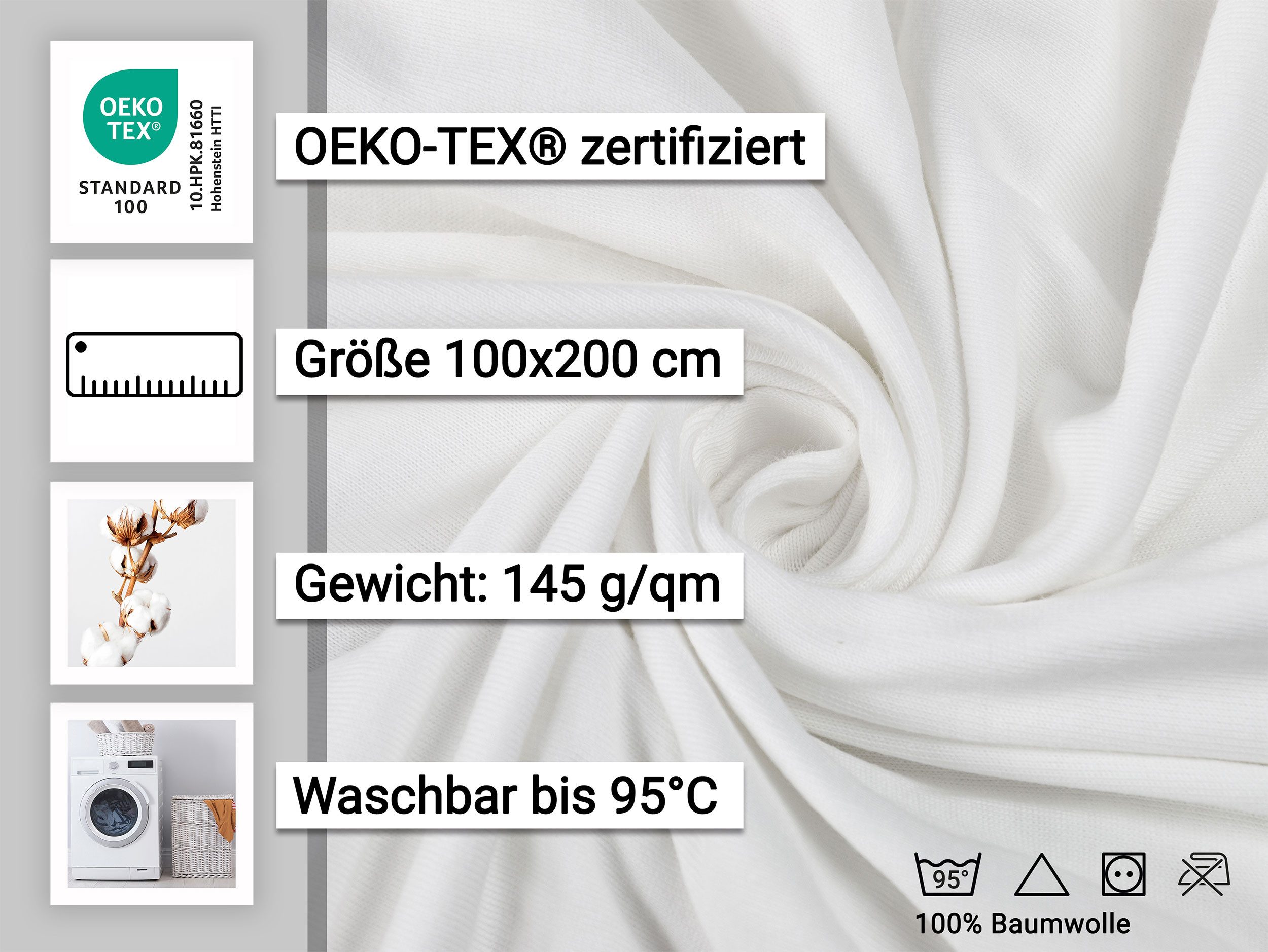 ZOLLNER Spannbettlaken, Feinjersey, Gummizug: rundum, 100 x 200 cm, 100% Baumwolle