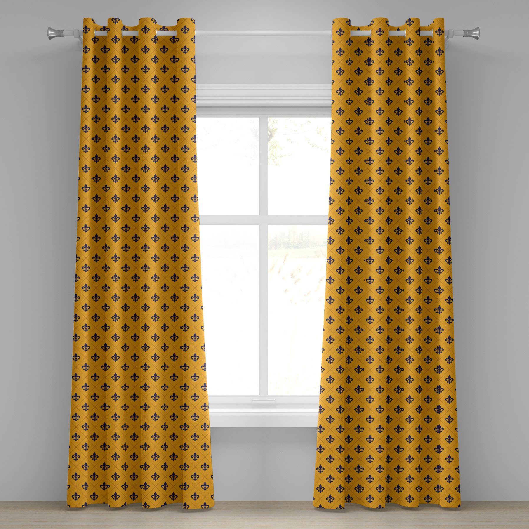 Gardine Dekorative 2-Panel-Fenstervorhänge für Schlafzimmer Wohnzimmer, Abakuhaus, Fleur De Lis Retro Checkered