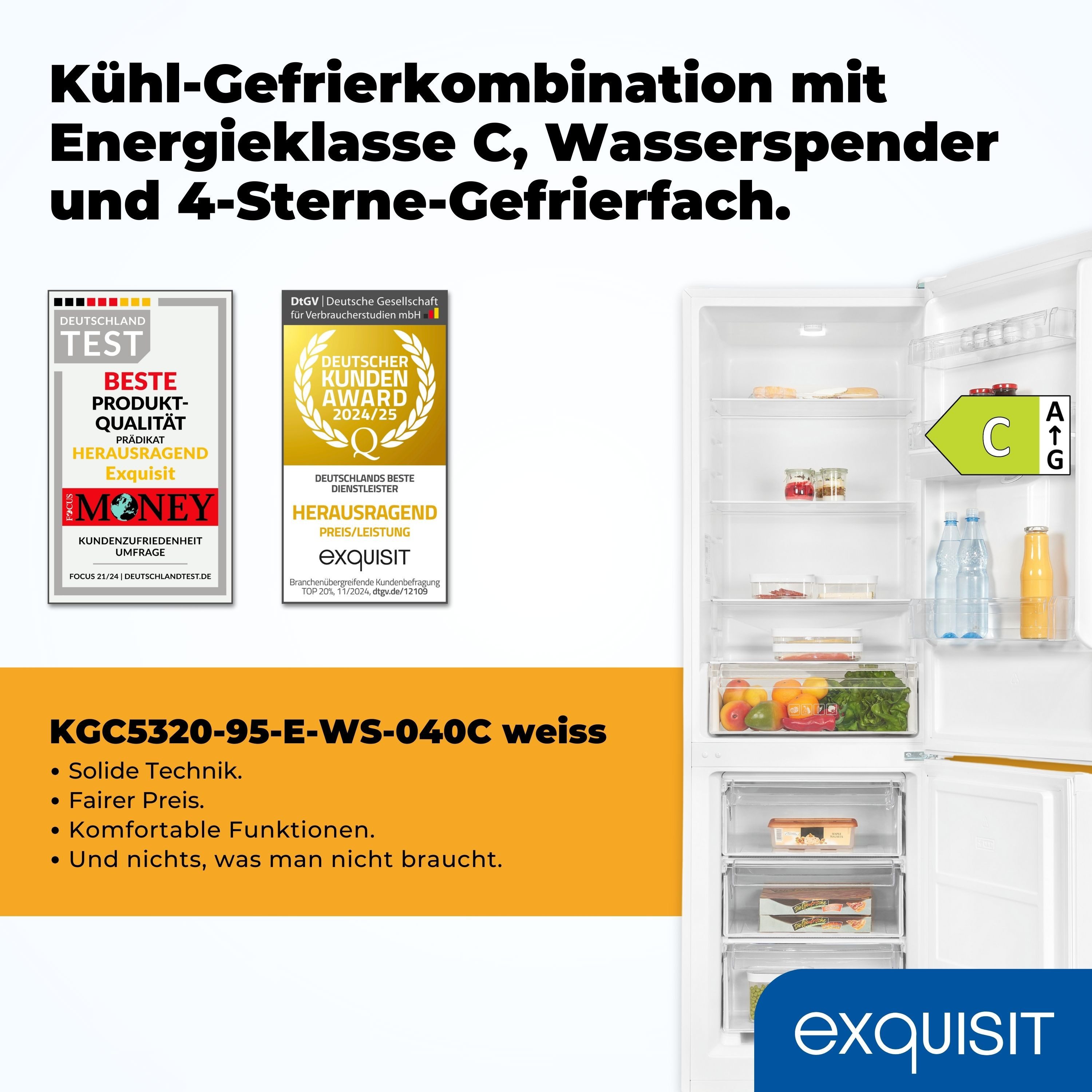 exquisit Kühl-/Gefrierkombination KGC5320-95-E-WS-040C, 185.8 cm hoch, 60 cm breit, Kühlschrank mit Wasserspender, 4-Sterne-Gefrieren, Alarm-Funktion