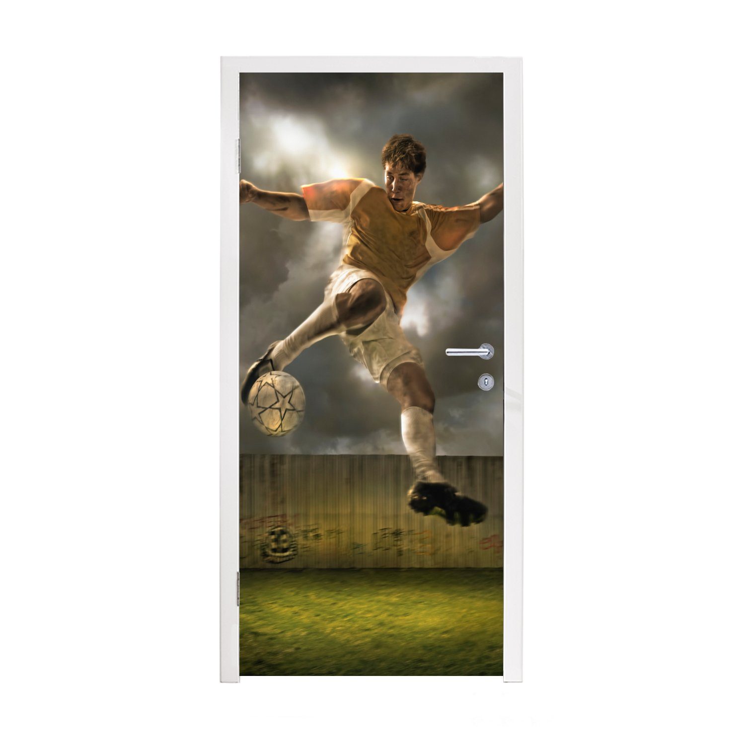 MuchoWow Türtapete Eine Illustration eines Fußballspielers, der den Ball schießt - Jungen, Matt, bedruckt, (1 St), Fototapete für Tür, Türaufkleber, 75x205 cm
