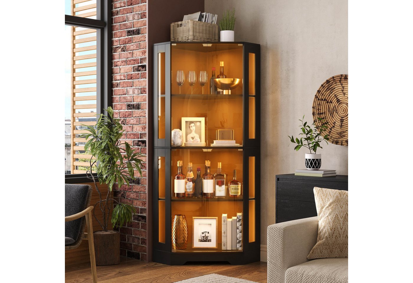 Celya Eckvitrine Glasvitrinenschrank moderner Weinschrank mit LED (4-stufiger Sicherheitsglas-Eckschrank)