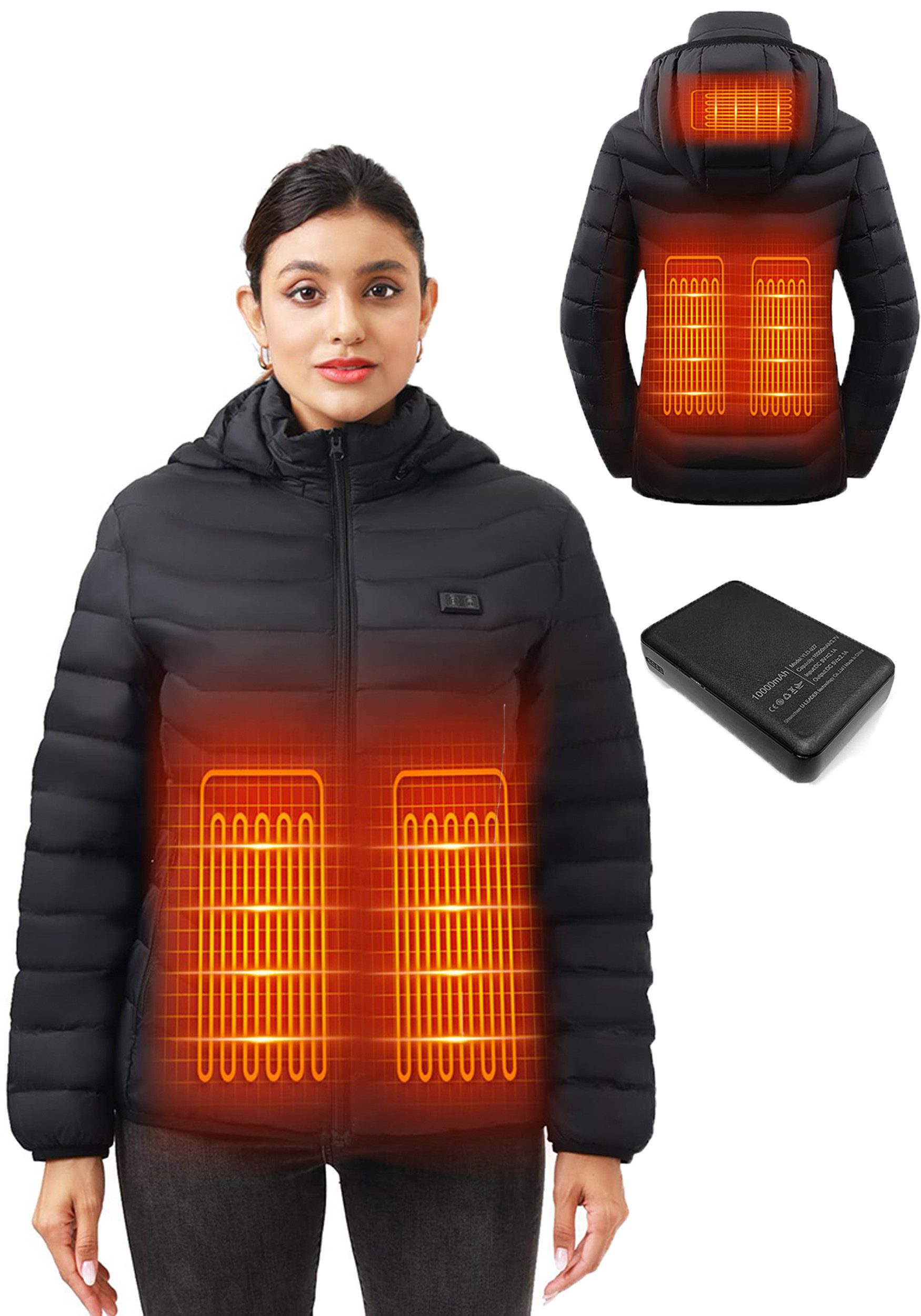 Mincoo Funktionsjacke Beheizbare Jacke Damen mit 10000mAh Powerbank, 3 temperaturstufen Warme winterjacke Heizjacke mit kapuze Elektrischer warme steppjacke