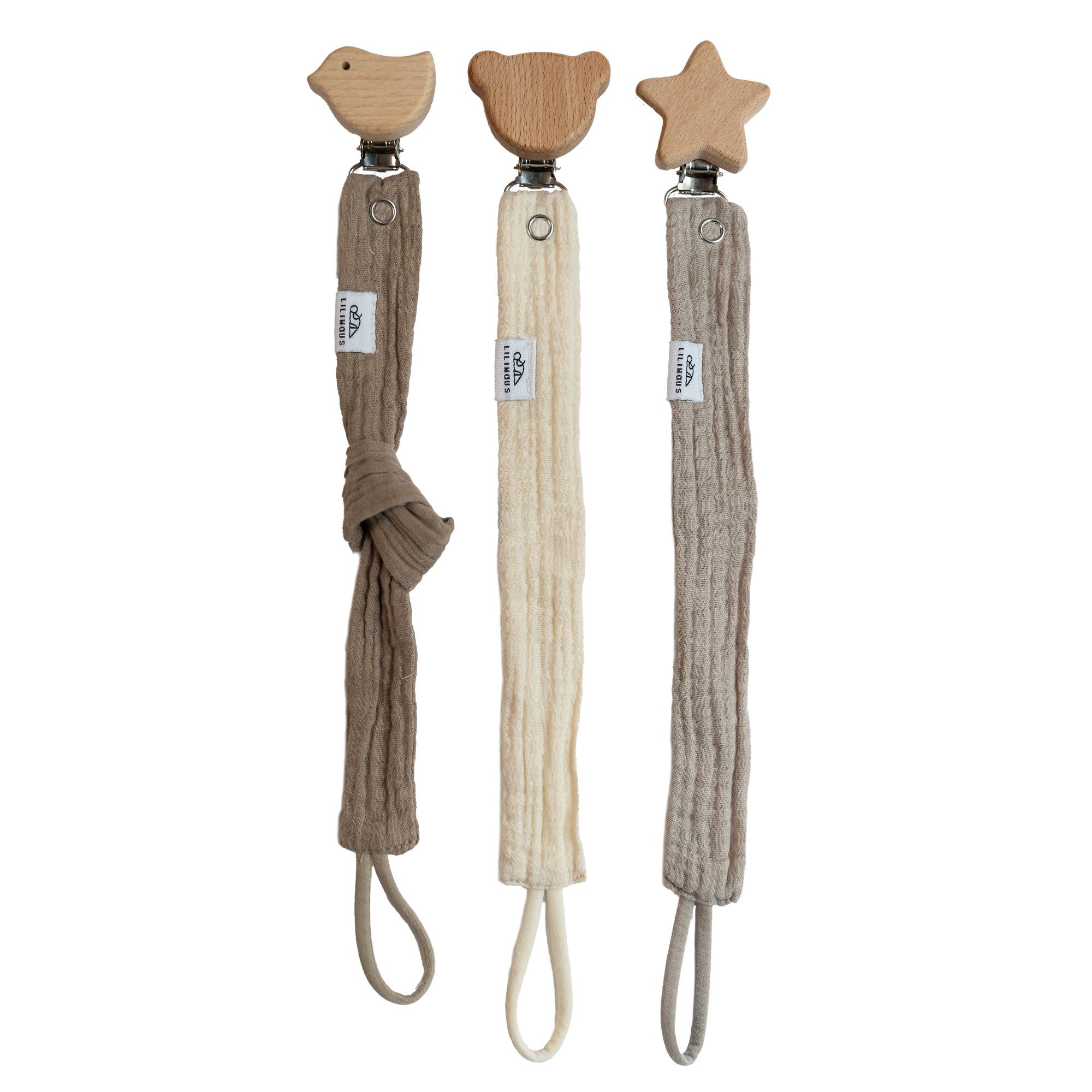 lilimaus Schnullerbefestigung Schnullerkette aus Musselin & Holz - handgemacht, (3-tlg), mit Holzclip & sicherer Länge - schadstoffgeprüfte Musselin-Baumwolle