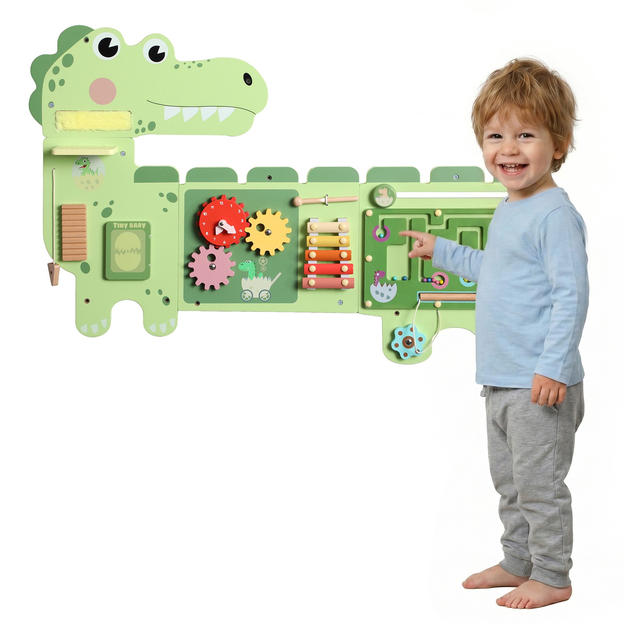 AIYAPLAY Lernspielzeug Montessori Motorikbrett Holz Busy Board mit Xylophon Uhr Zahnrädern (Dinosaurier Wandmontiertes Activity Board, 1-St., Frühes Lernspielzeug), für Kinder Mädchen ab 2 Jahr
