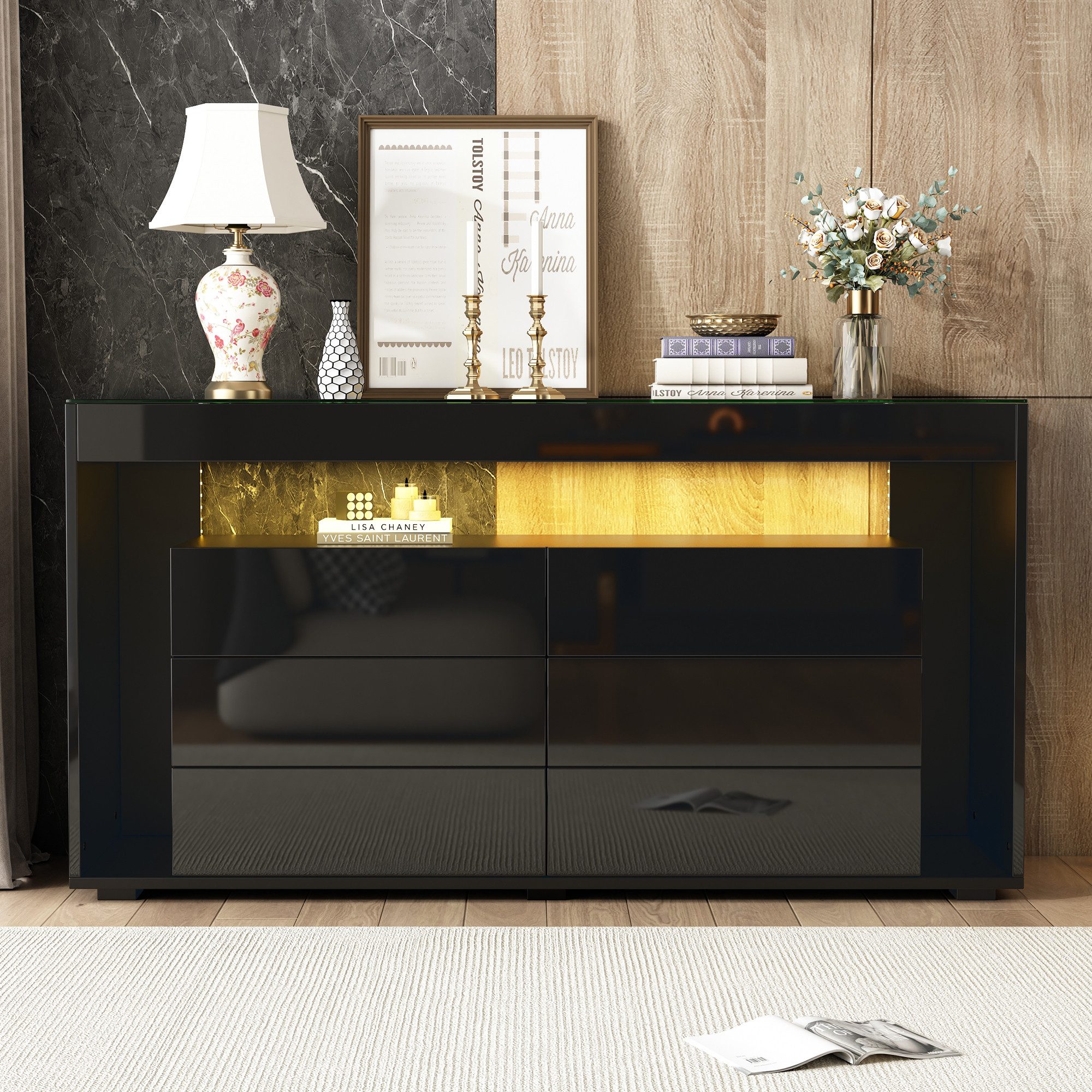Merax Sideboard Hochglanz Kommode mit LED und Glasplatte (140x40x70cm, 1 St günstig online kaufen